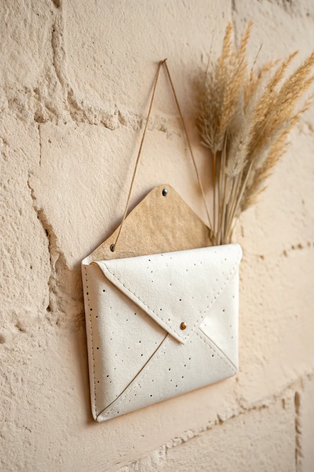Minimal envelope clay wall pocket with dried stems, a simple and elegant pocket idea for any wall.