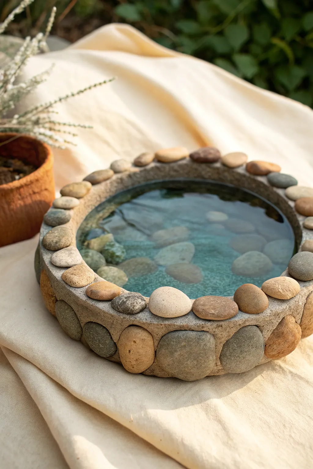 Classic stone ring mini pond with calm blue-green water and river rock texture, simple and serene.