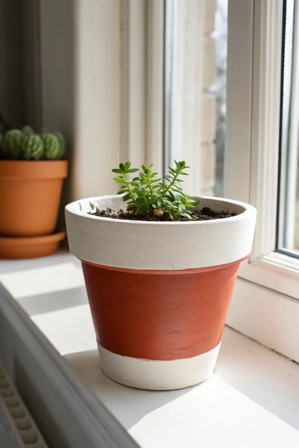 Bold solid-color terracotta pot with a clean contrasting rim, styled simply on a sunlit sill.