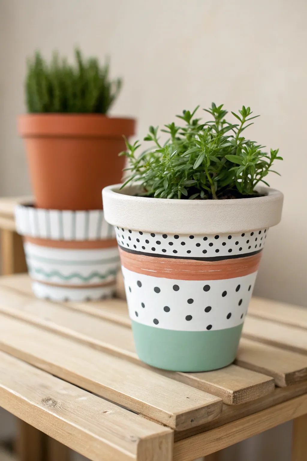 Simple painted patterns turn a terracotta pot into a chic boho-minimal flower pot centerpiece.