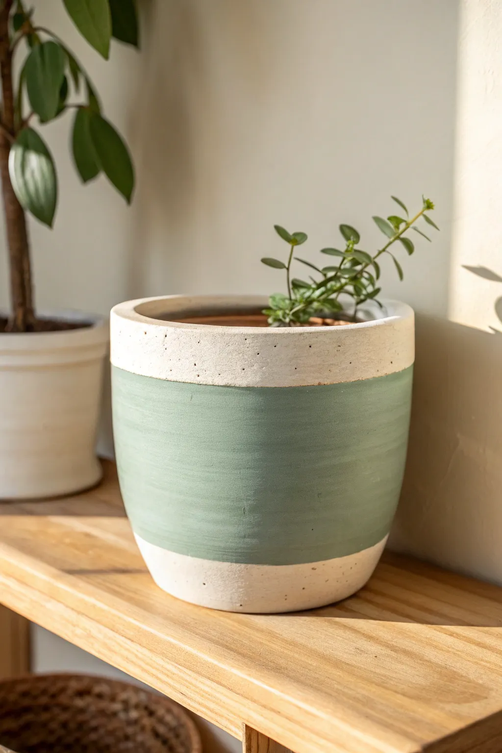 Minimal color-block terracotta pot with a crisp contrasting rim, softly styled on a wooden shelf.