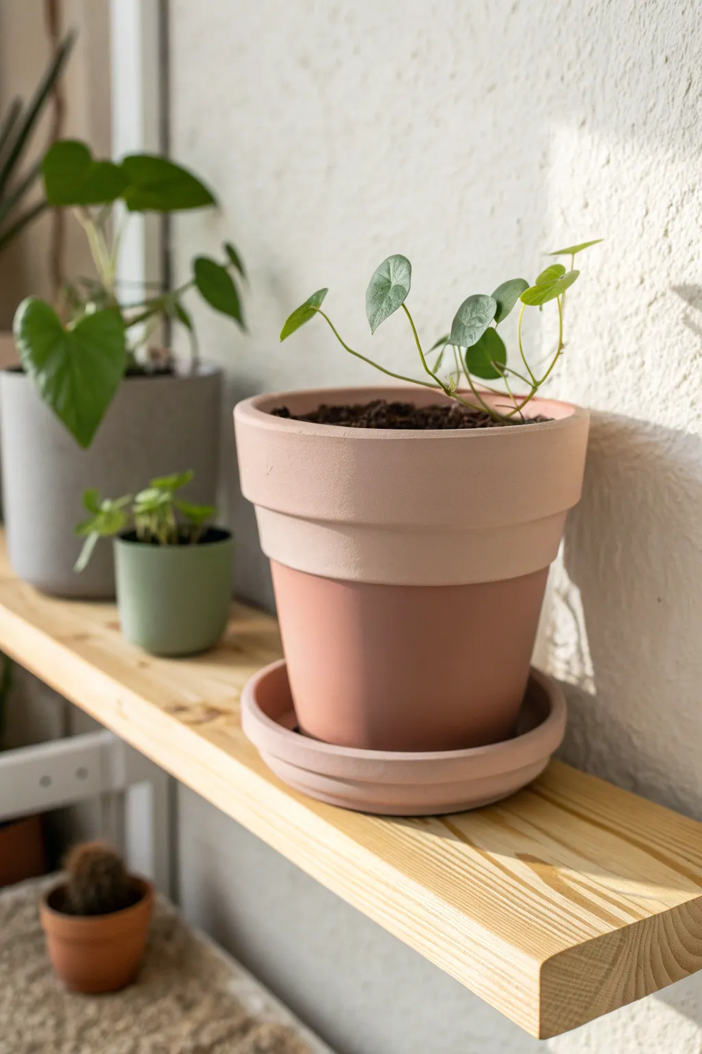 Soft matte terracotta pot in blush clay tones, styled simply with greenery and warm light.