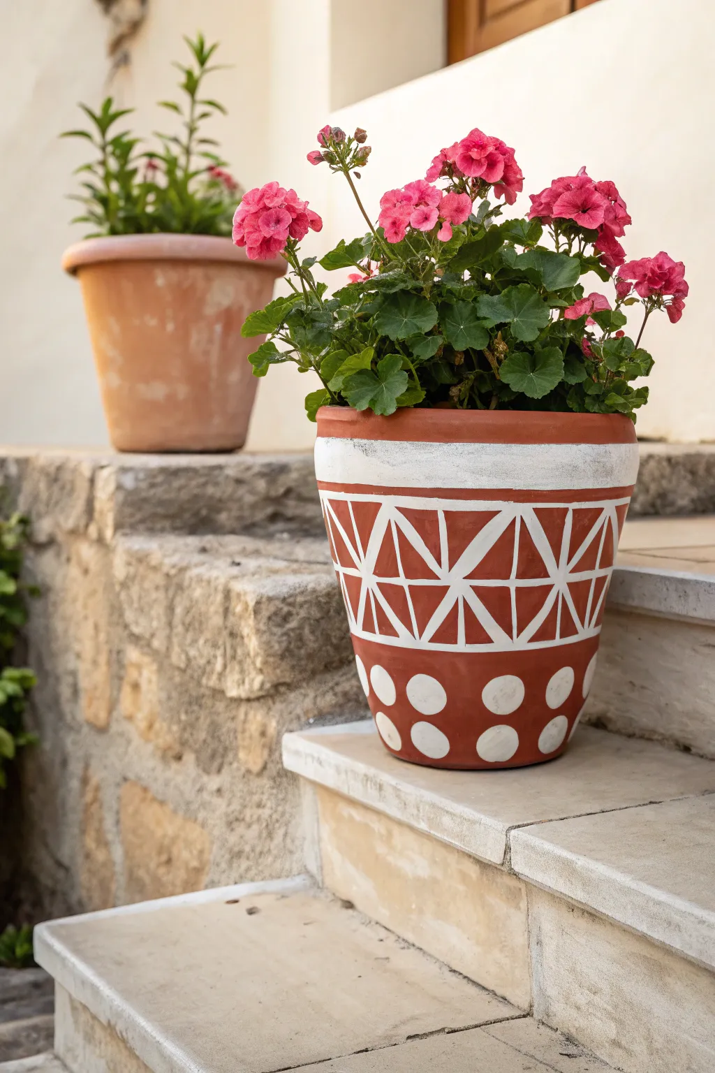Bold hand-painted terracotta pot with simple patterns, bright blooms, and clean porch styling.