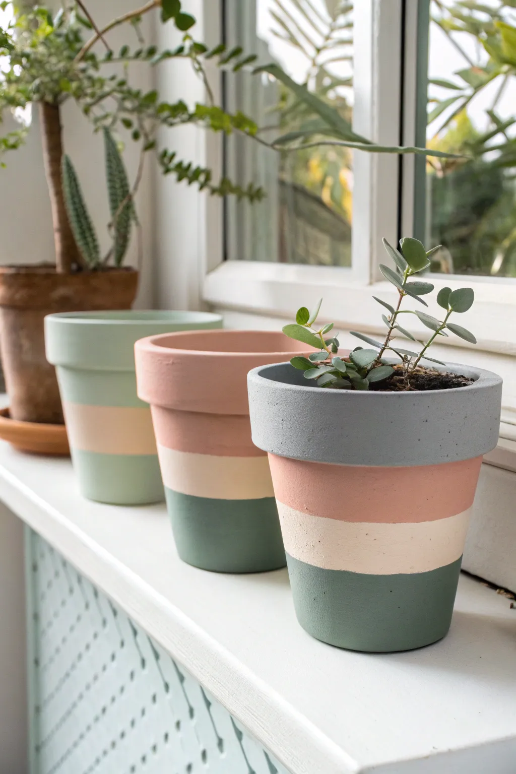 Classic color-block clay pots in soft modern tones, styled simply with fresh greenery