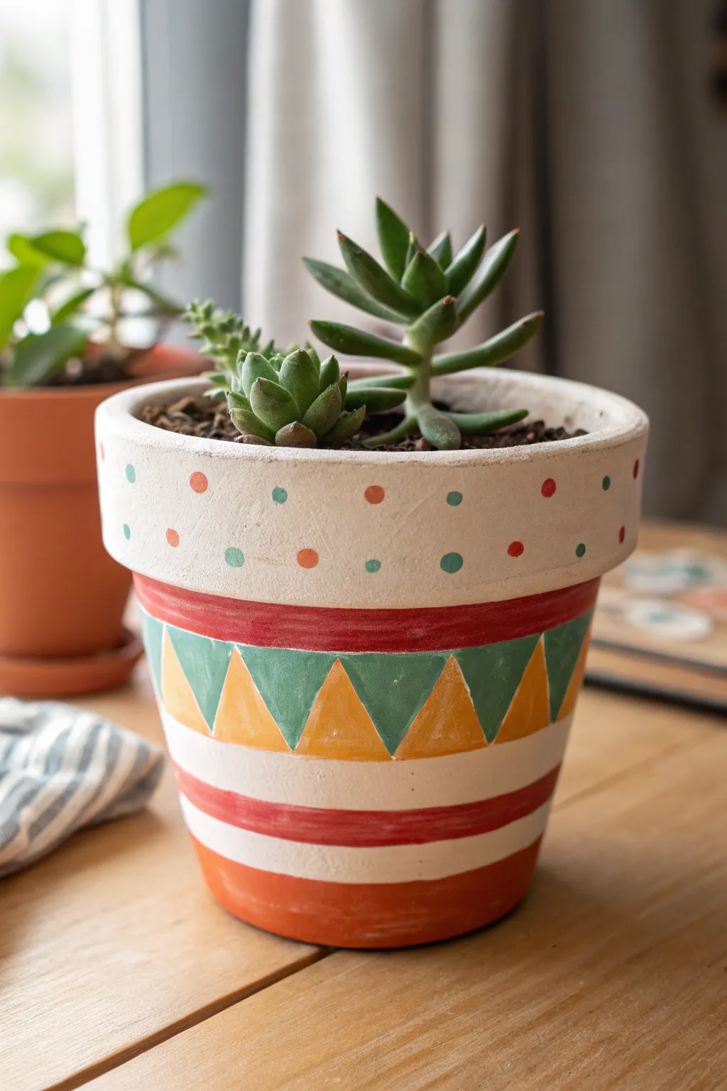 Classic painted terracotta pot with bold color blocks and a simple houseplant, Scandi-boho vibes