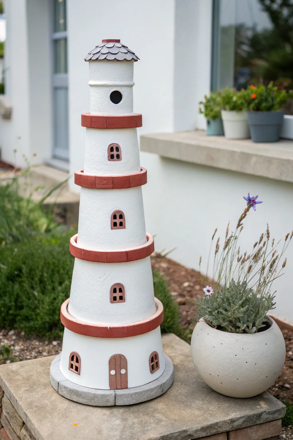 Classic stacked terracotta lighthouse in crisp white, a simple coastal accent for any flower bed.
