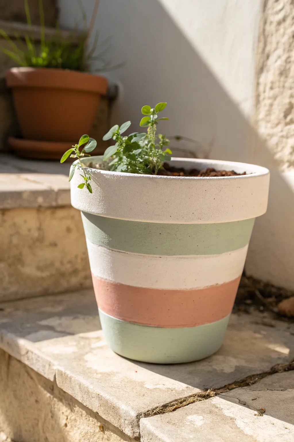 Simple color-block paint turns a plain terracotta pot into a chic minimalist-boho planter.