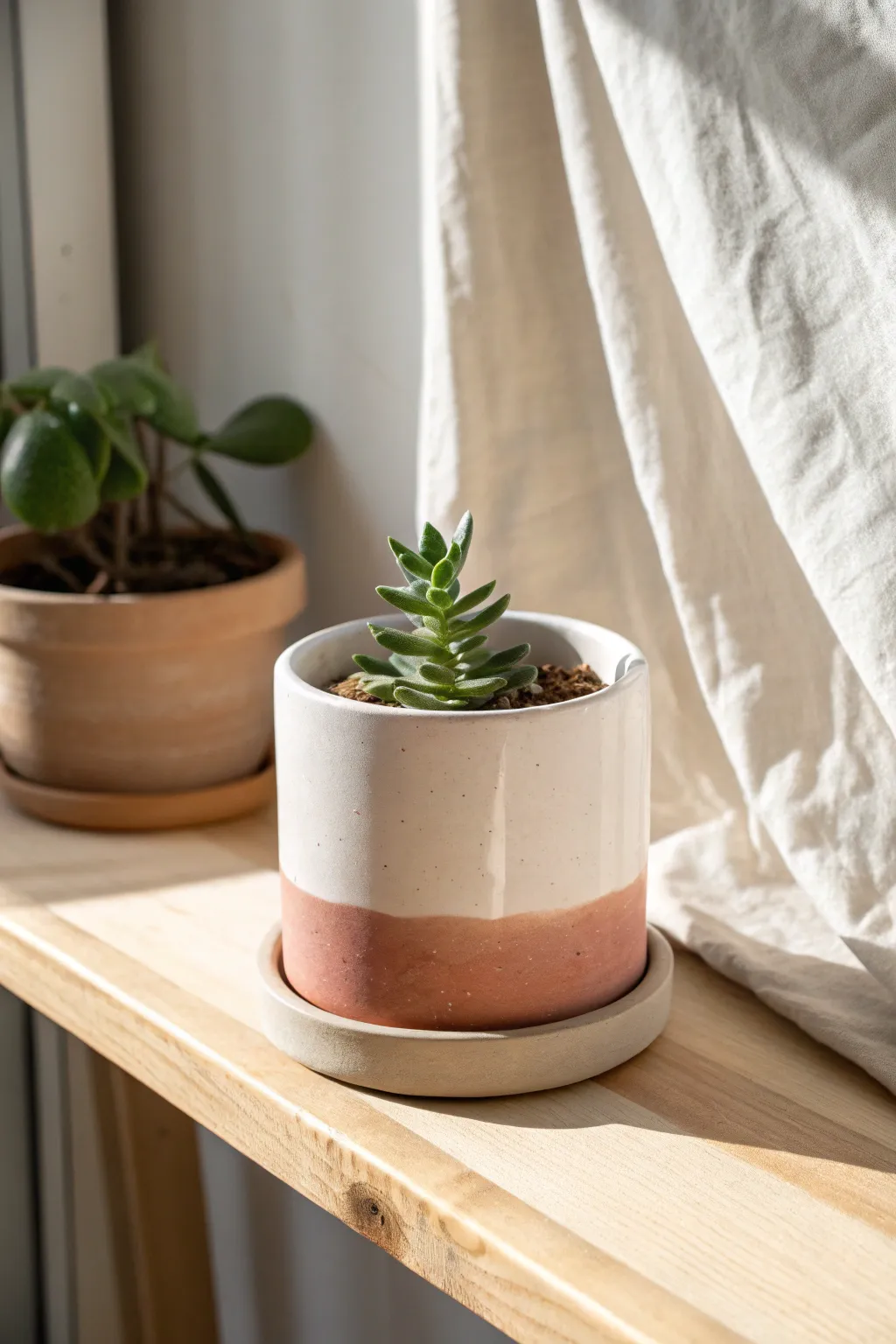 Minimal two-tone dipped planter with a fresh succulent, Scandinavian calm with a boho touch.