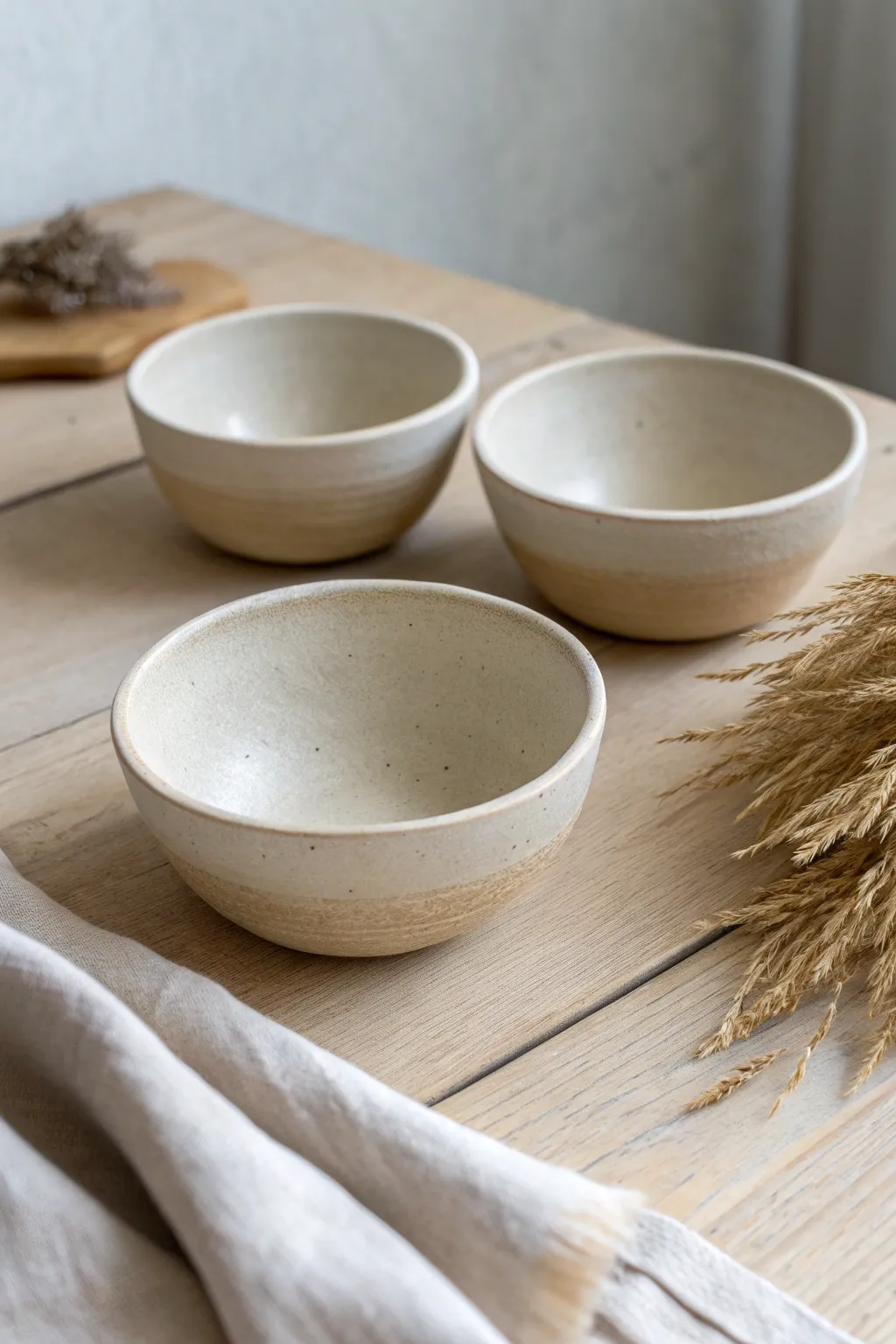 Soft, organic pinch pot bowls in calm neutral glazes for a cozy minimalist pottery look