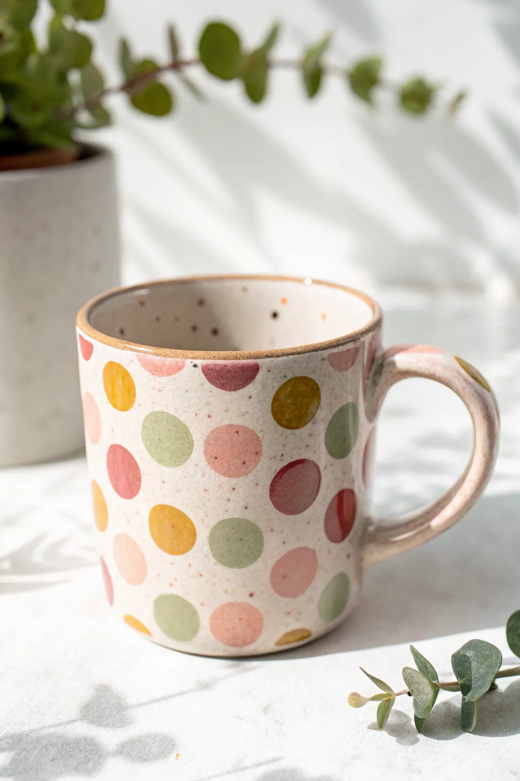 Playful polka dot pottery mug in soft boho tones, a simple painting idea that pops.