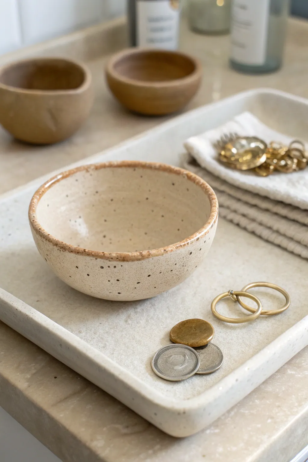 Minimal pinch pot trinket bowls in soft neutrals, styled for rings and tiny everyday treasures.