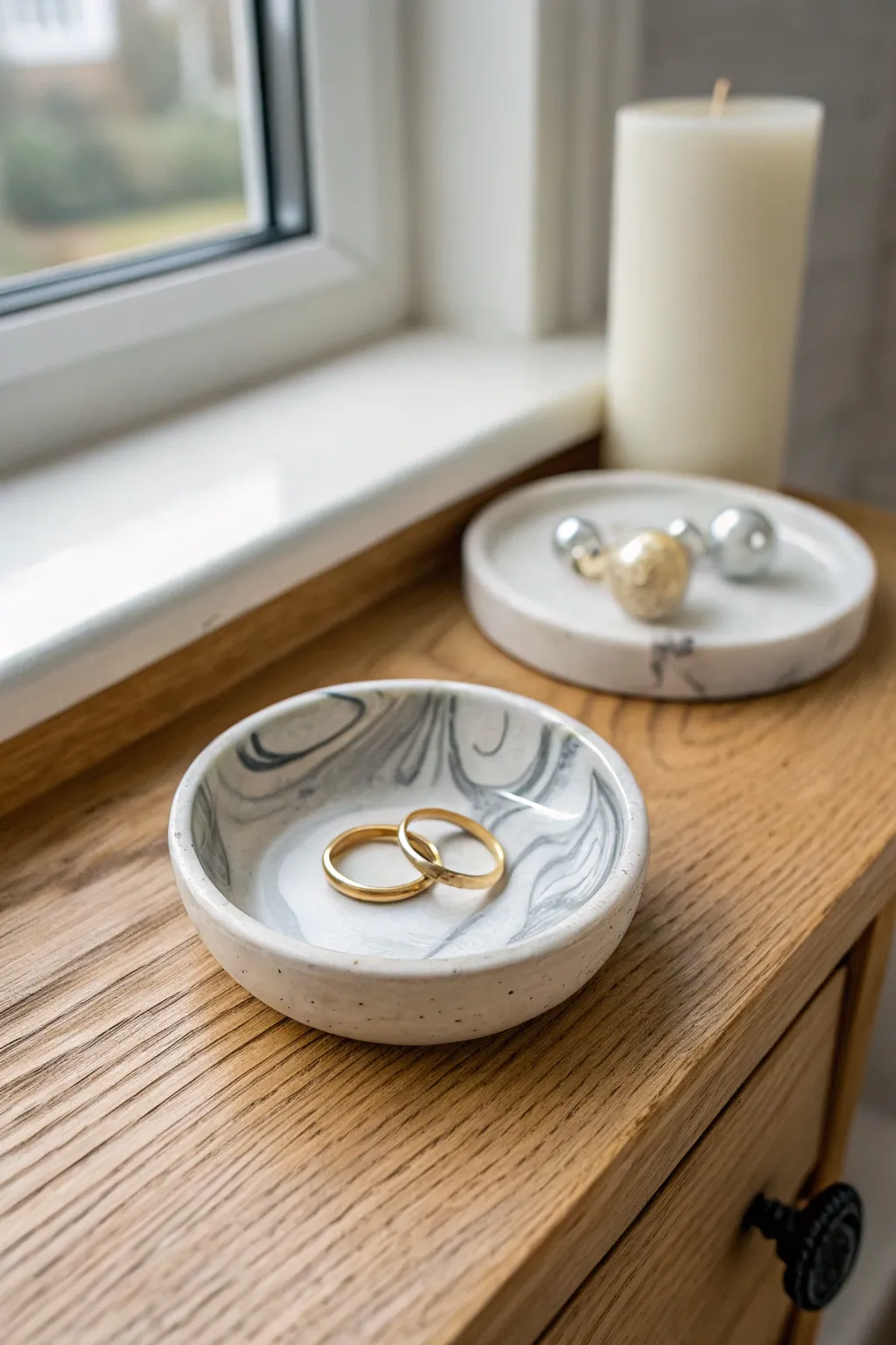 Marbled ring dish in soft gray and white, a simple modern catchall for everyday jewelry.
