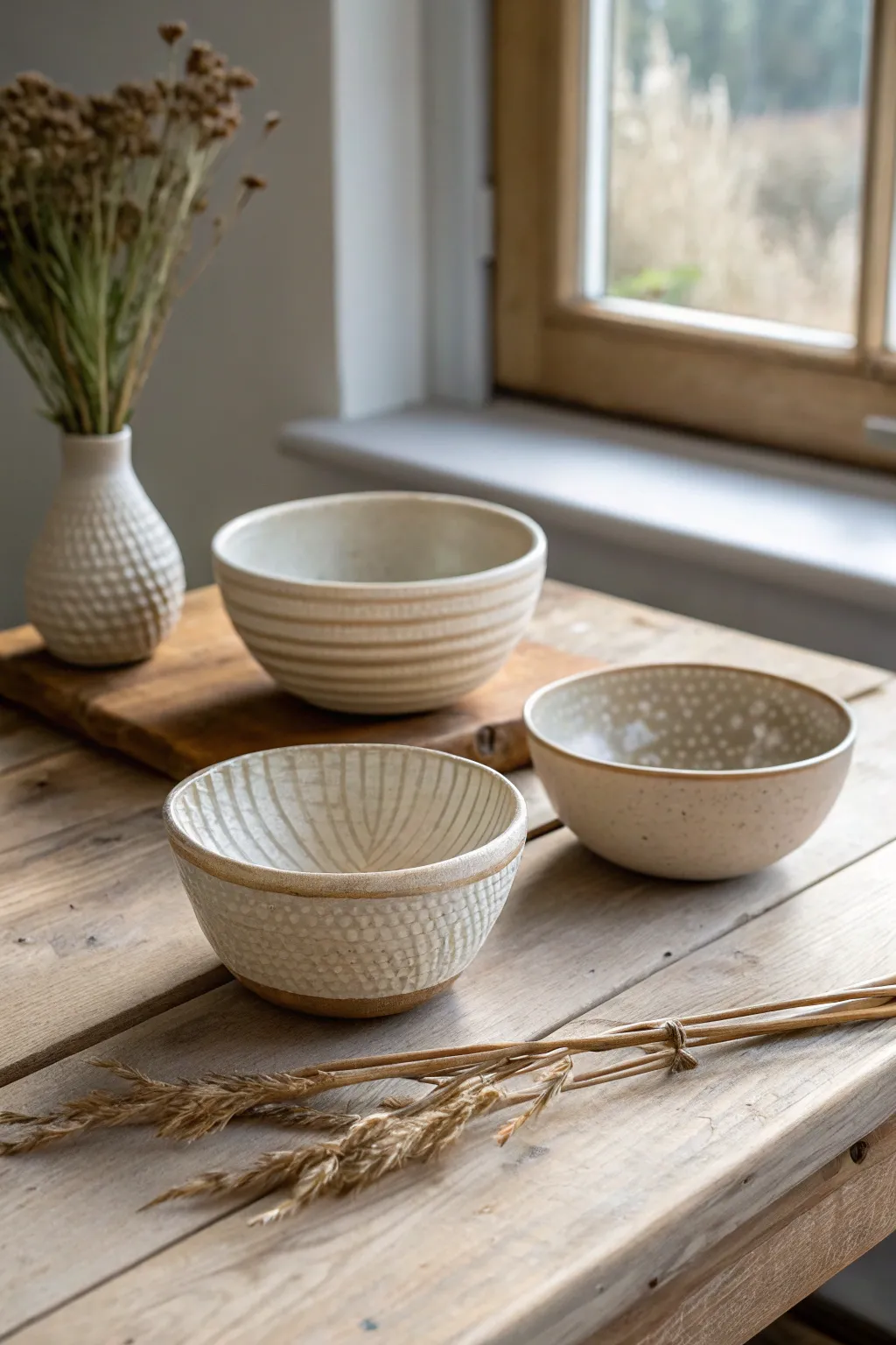 Pinch, coil, and slab bowls in a calm earthy palette, styled as a minimalist high school trio