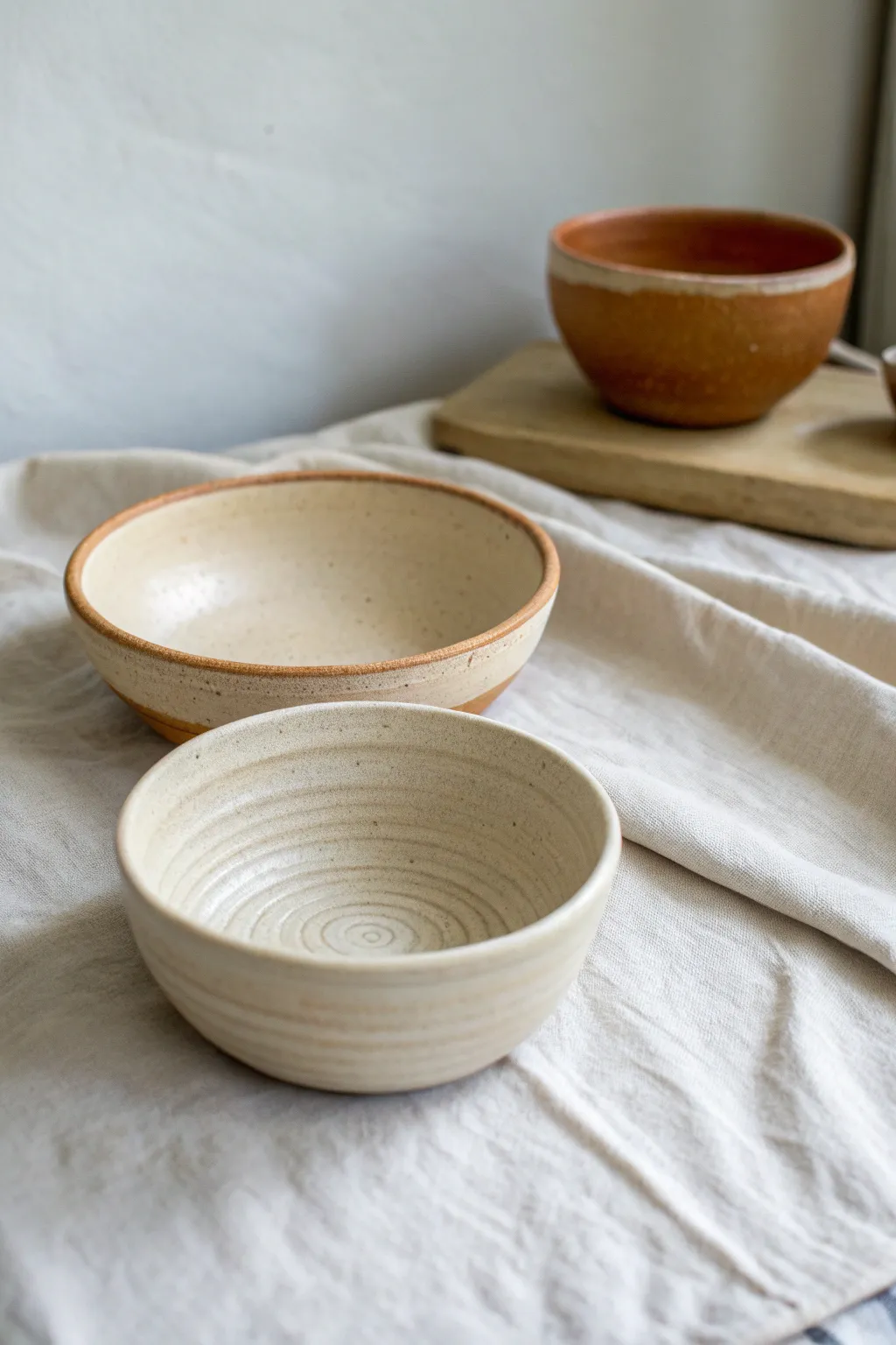 Handbuilding bowl trio: pinch pot, coil spirals, and a textured slab bowl in calm minimal style.