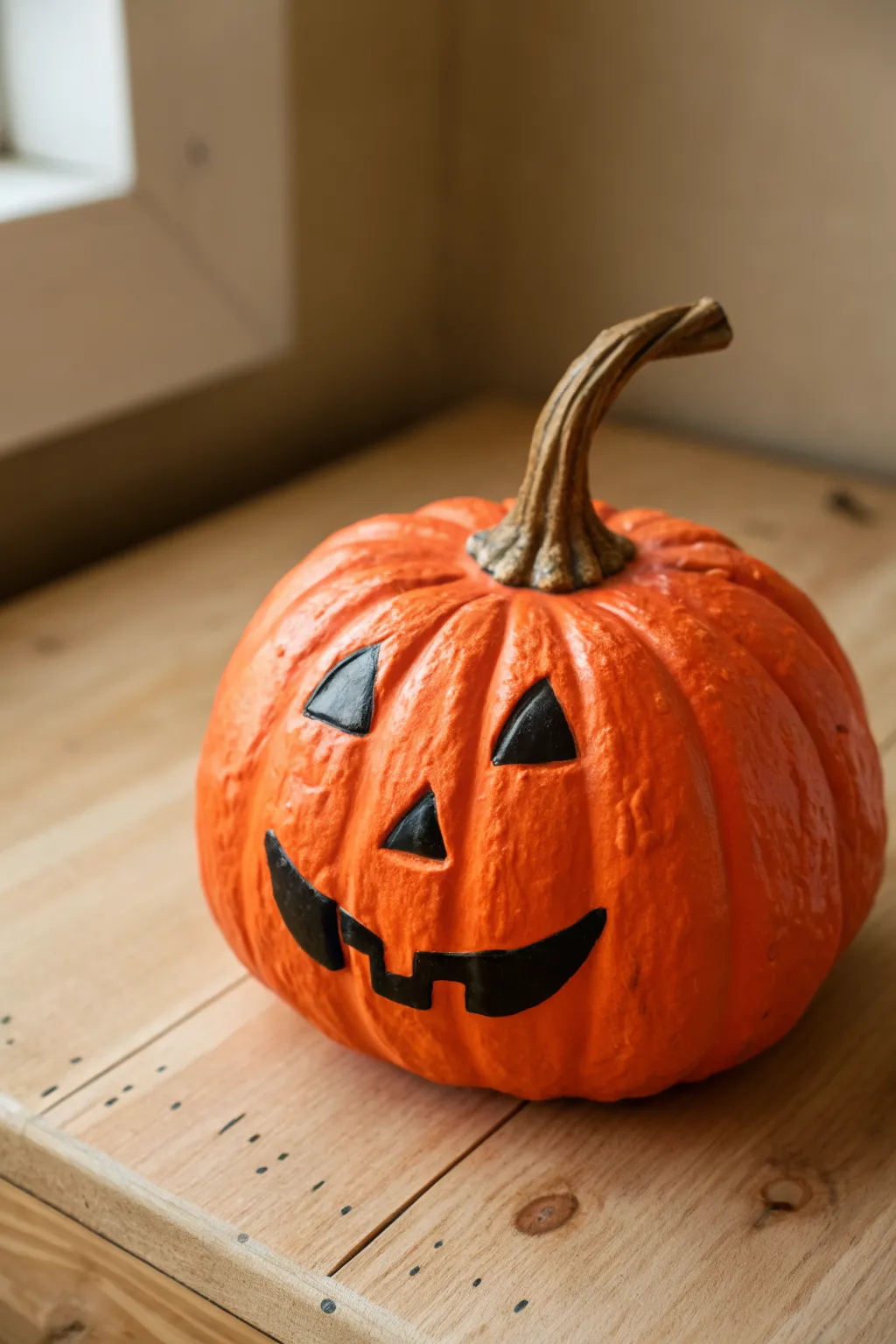 Classic painted clay pumpkin with a friendly jack-o-lantern face for cozy minimalist fall decor.