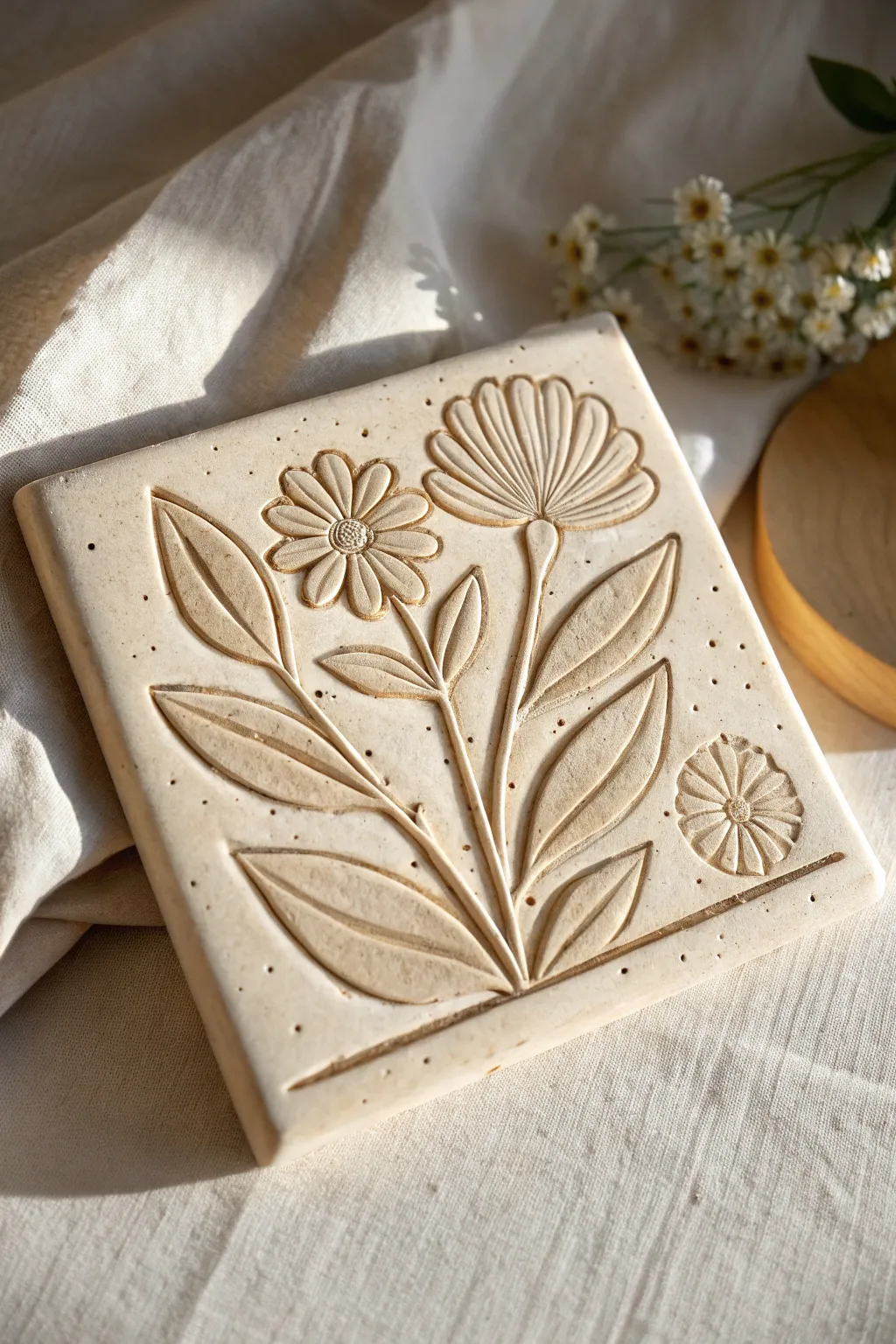 Layered wildflower relief tile with clean lines and soft shadows, simple depth that reads beautifully.