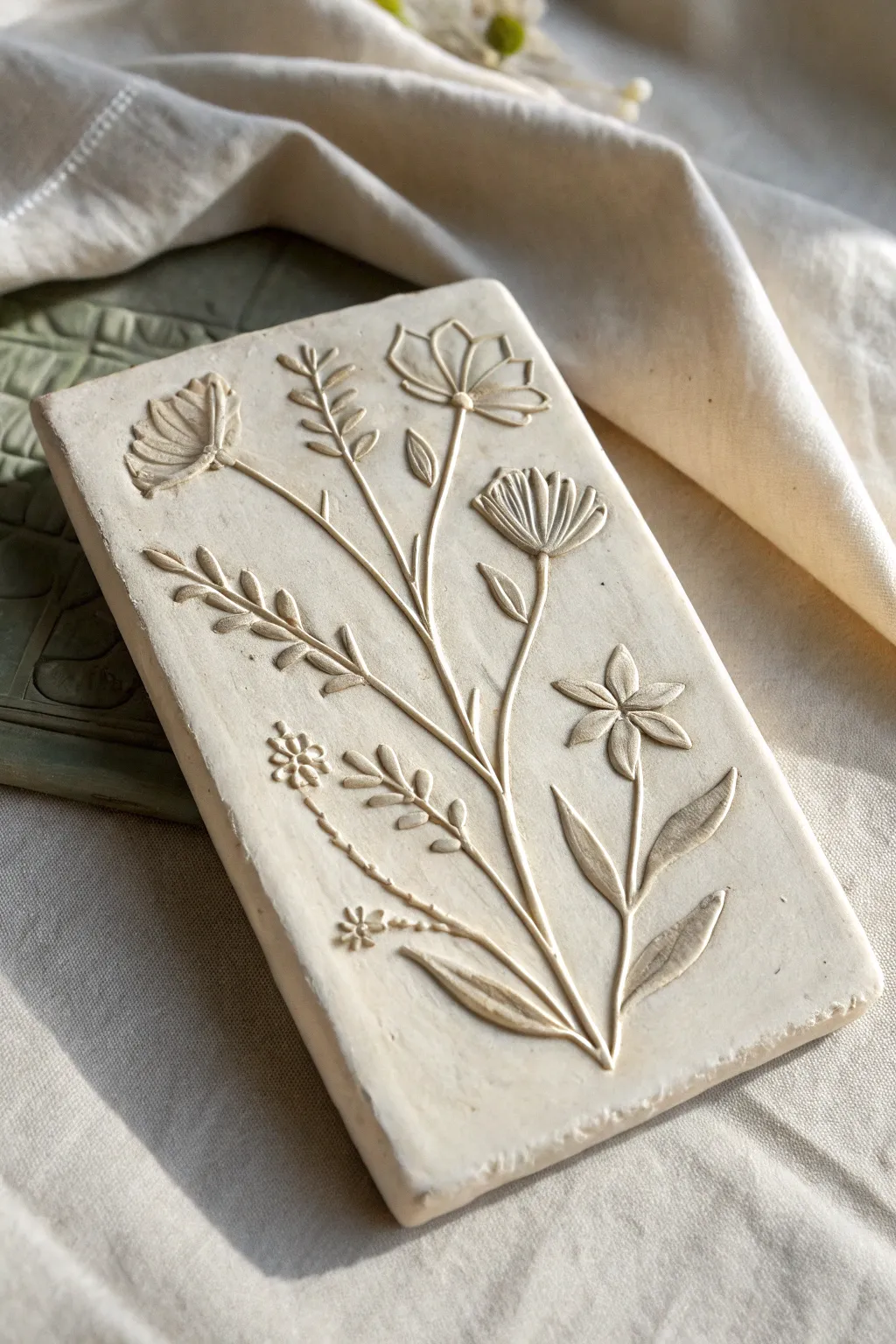 Minimal botanical bas-relief tile with a soft wash that highlights every carved line