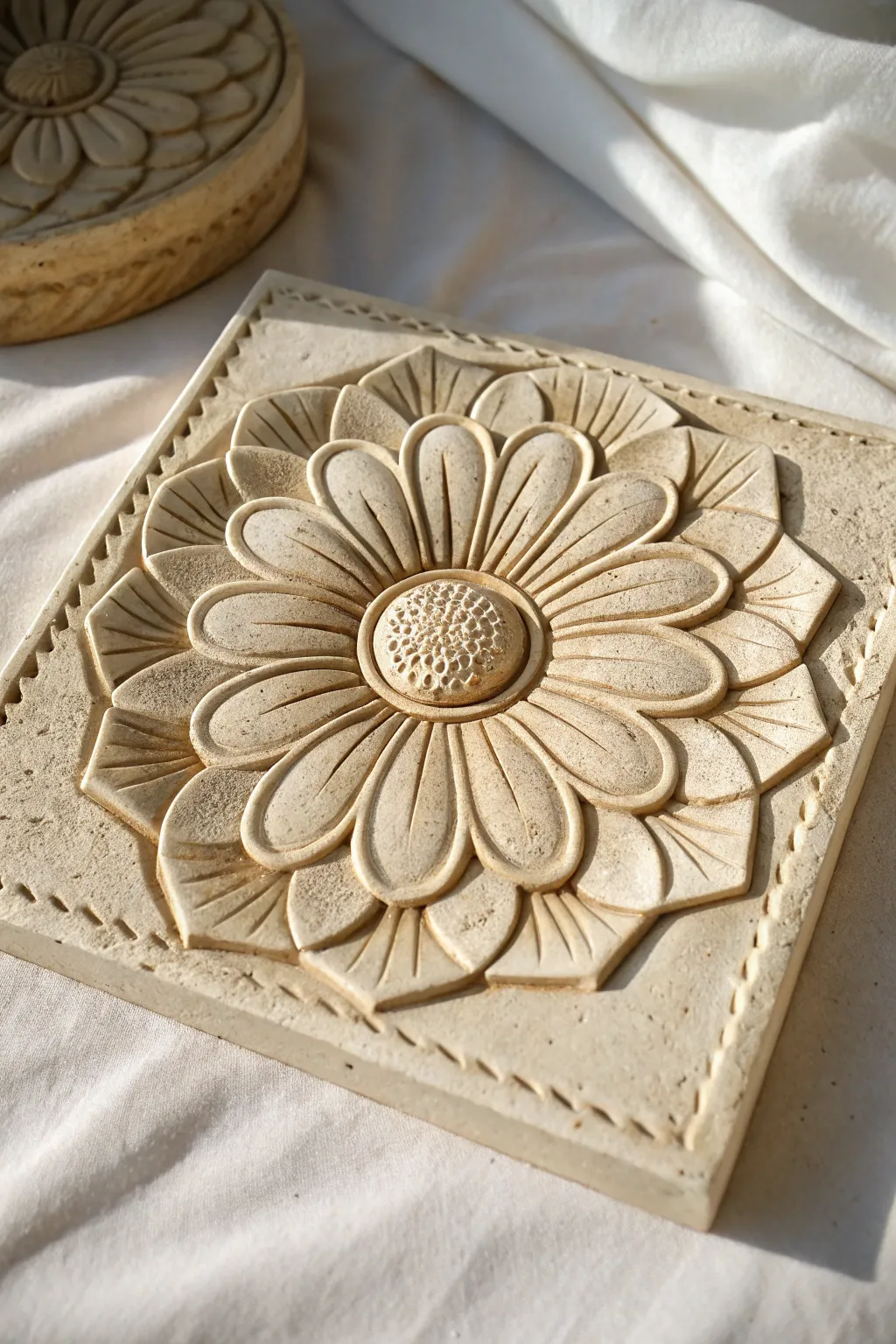 Layered flower relief tile in soft neutrals, crisp shadows, and calm Scandinavian-boho style.