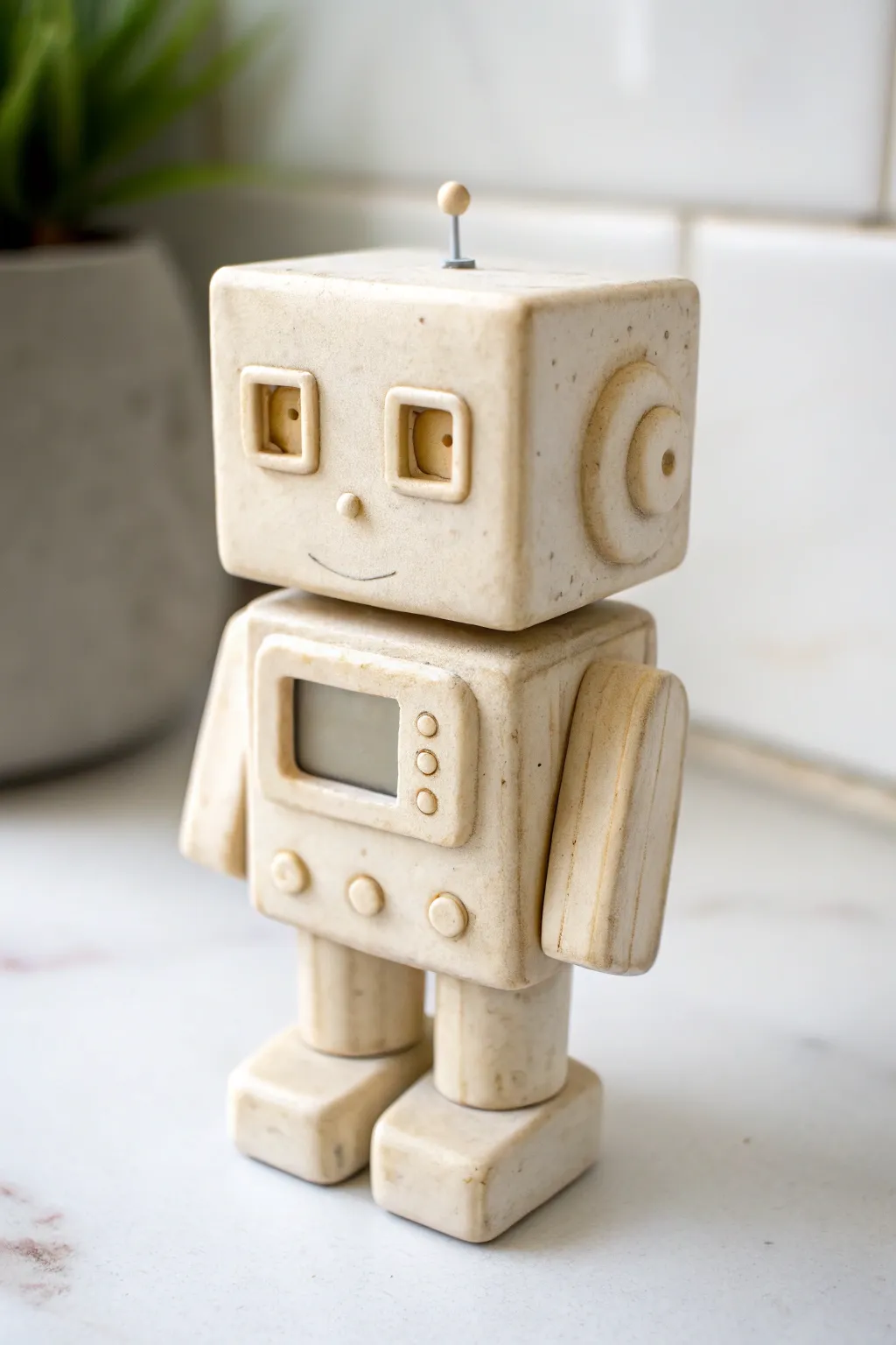Classic boxy mini clay robot with sweet minimalist lines, perfect for a simple weekend project.