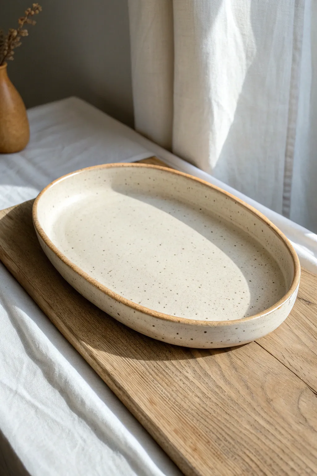 Classic oval clay rolling tray with a softly raised rim and serene neutral glaze