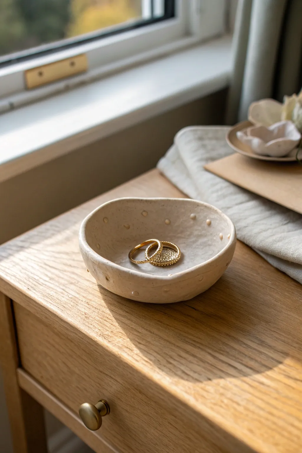 Beginner pinch pot trinket dish with simple stamped texture, perfect for rings by the bed.