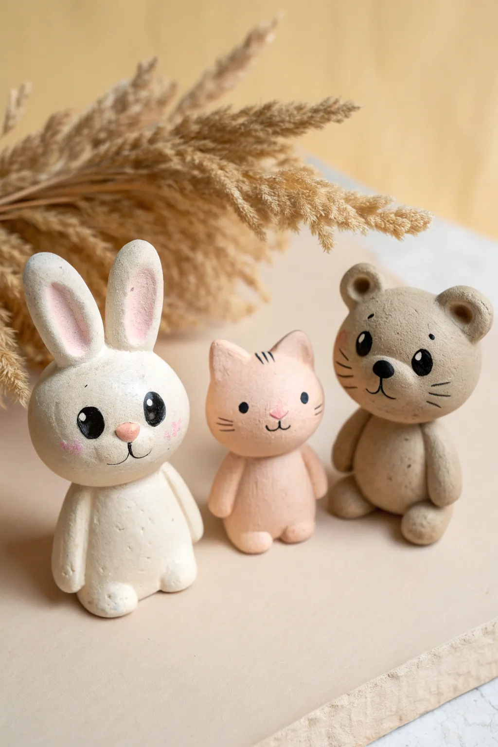 Cute clay animal buddies with big eyes and tiny smiles, perfect kid-friendly sculpting inspo