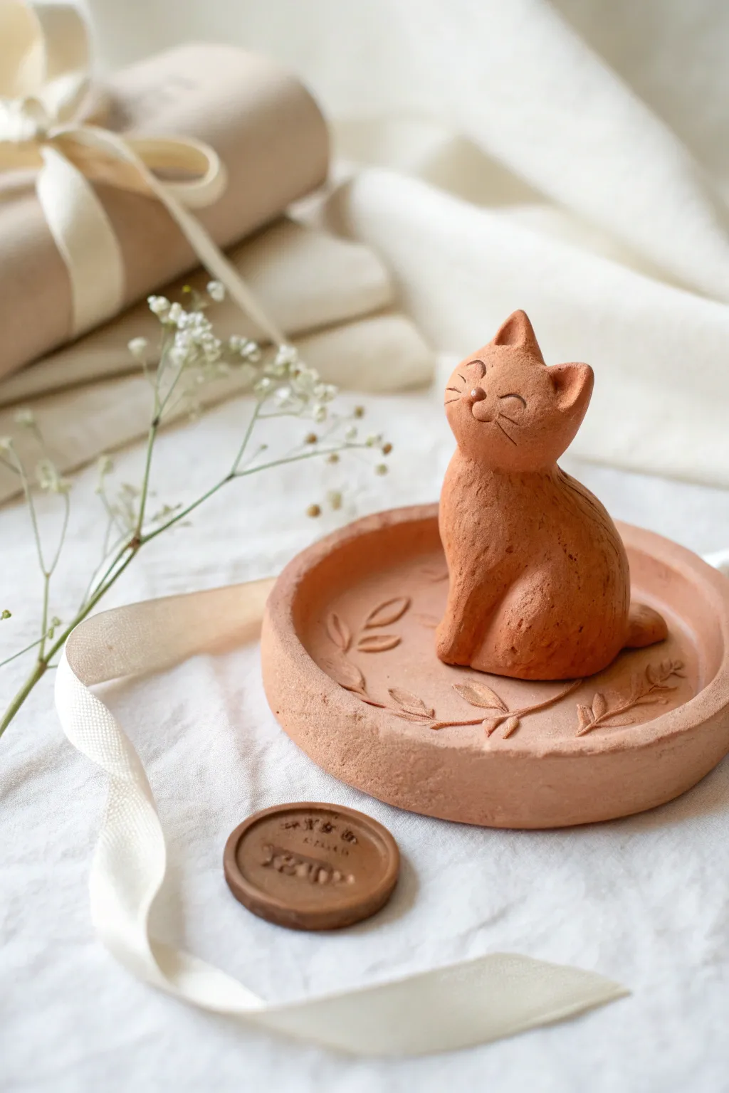 Minimalist pet mini sculpture gift in warm clay, styled with soft ribbon and clean contrast.
