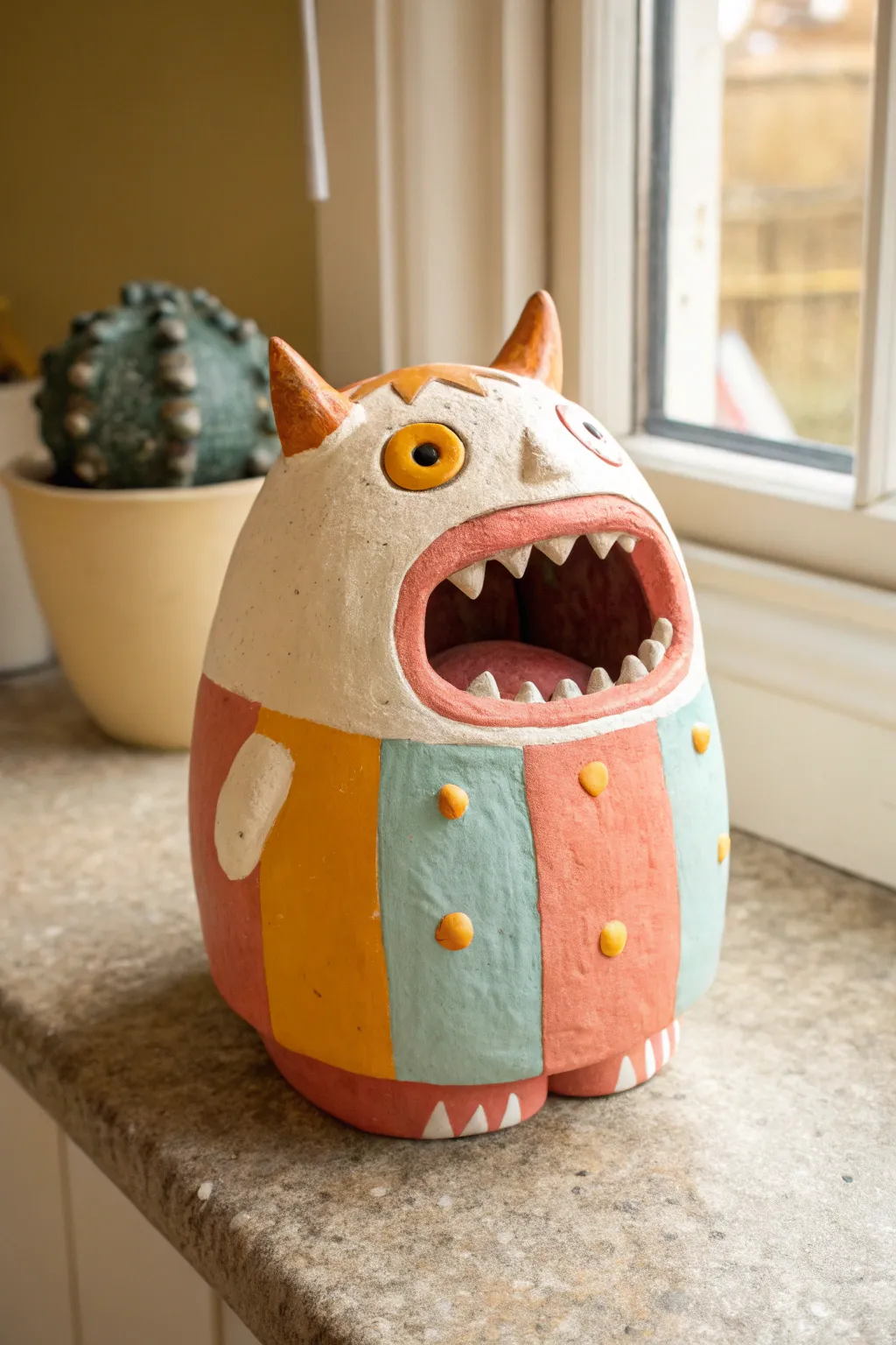 Cheerful pinch pot monster head with bold color blocks and chunky teeth, easy for kids to make