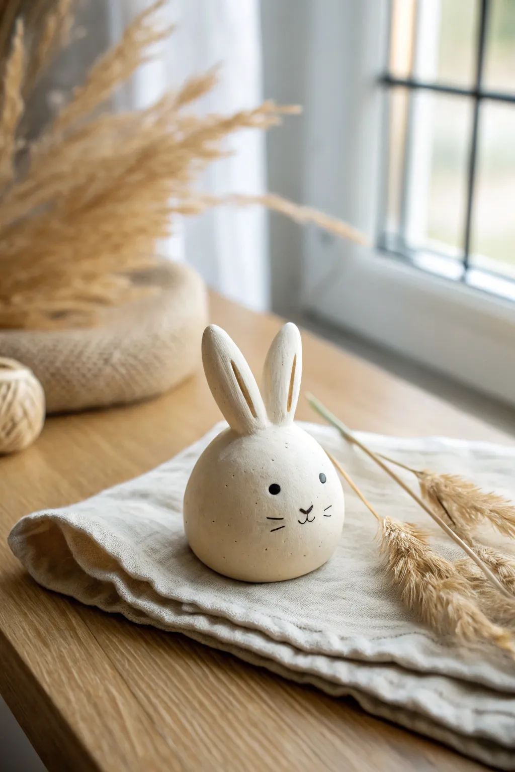 Simple pinch pot bunny figurine in soft neutrals, minimalist boho styling, handcrafted charm