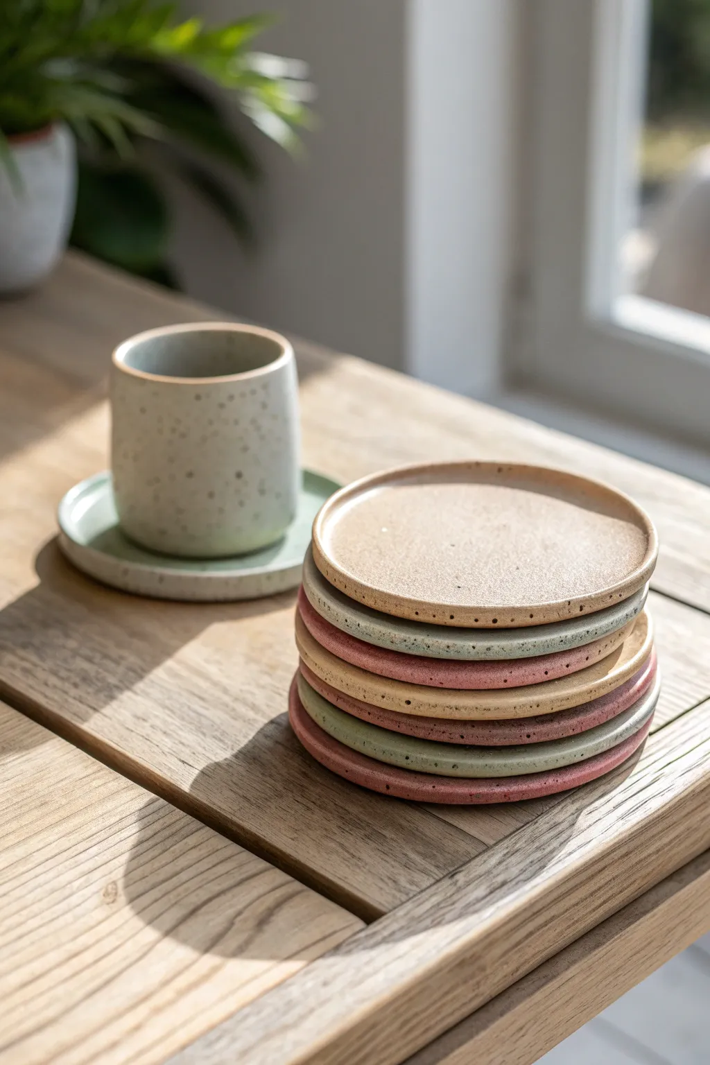 Matching clay coaster set in soft neutrals and pastels for a calm, minimalist coffee table
