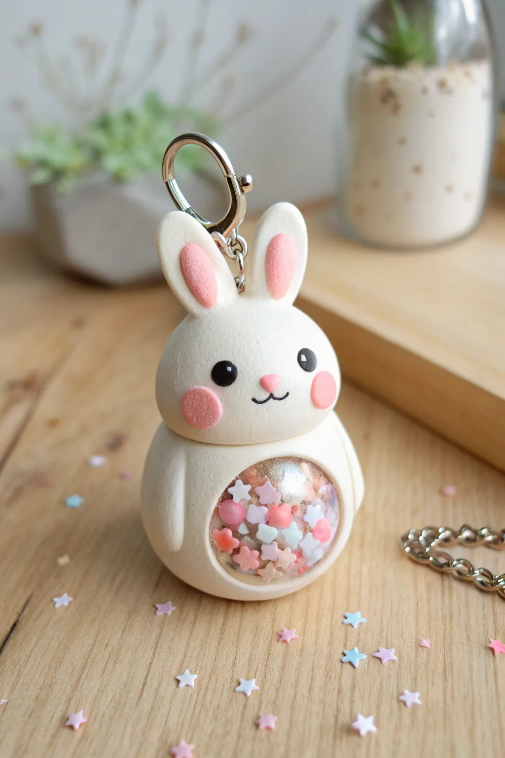 Classic kawaii clay shaker charm with pastel beads and stars, minimal Nordic-boho styling.