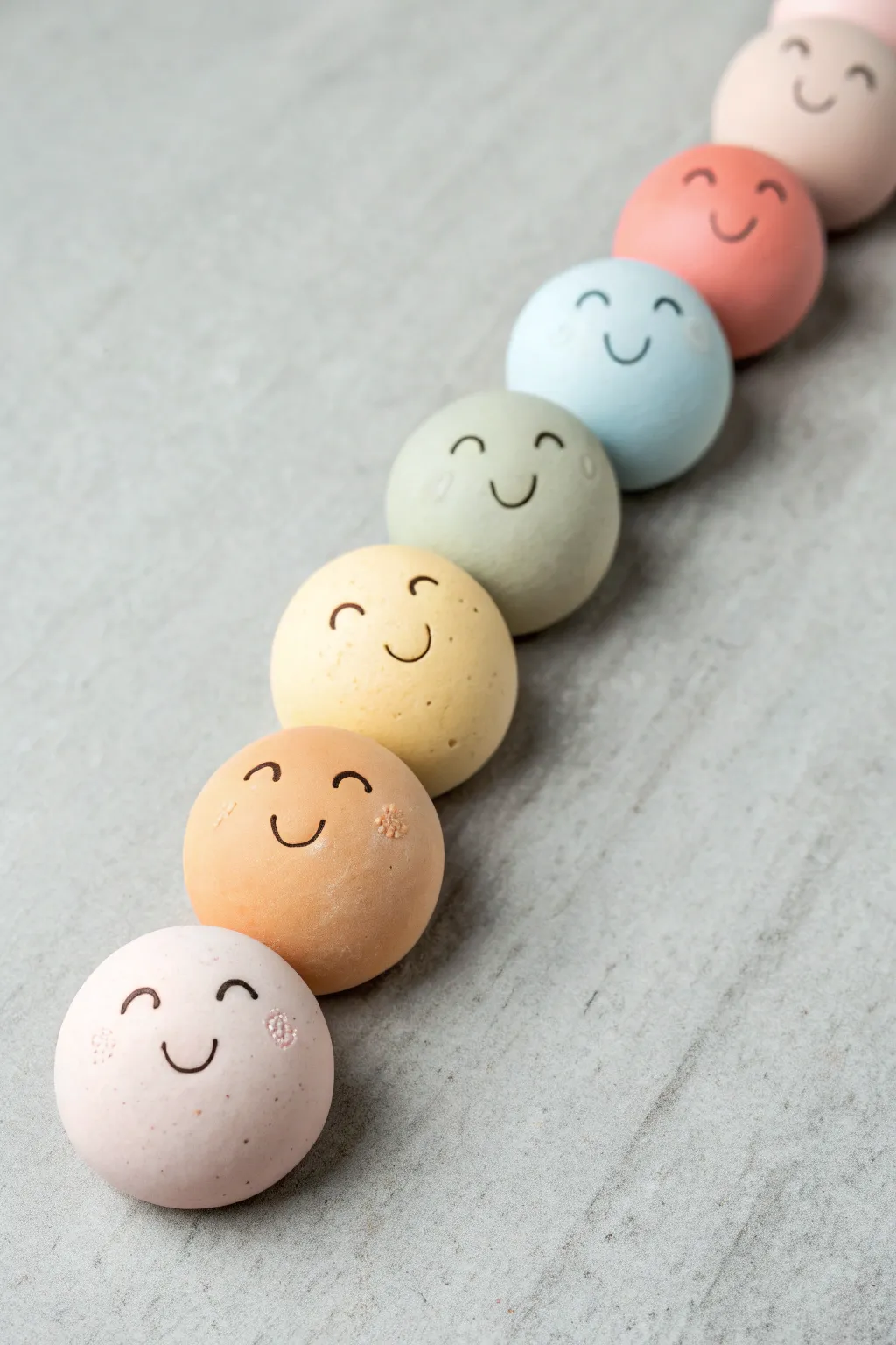 Sweet smiley clay balls in soft pastels, simple shapes with playful faces and cozy minimal style.