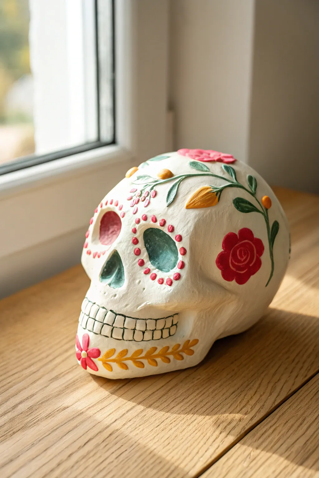 Classic clay sugar skull with soft floral painting, minimalist styling, bright color contrast.