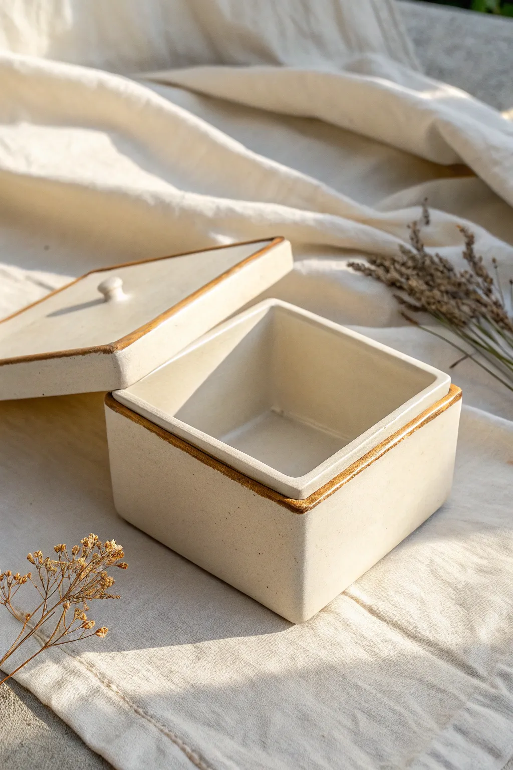Classic square slab box with a neat gallery lid, offset to reveal clean lines and calm contrast