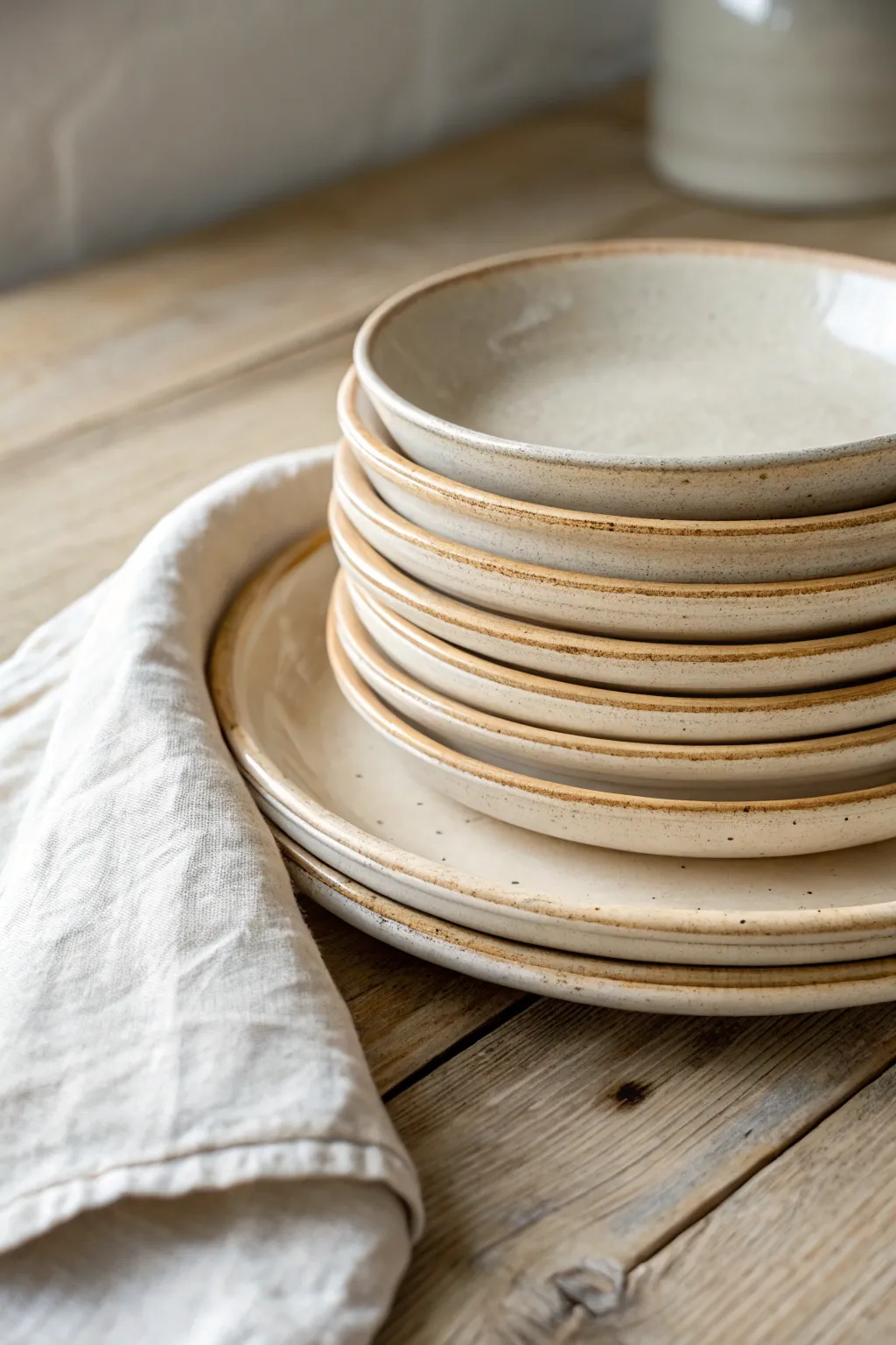 Classic round slab plates with softly lifted rims, glossy glaze, and calm Scandinavian warmth.