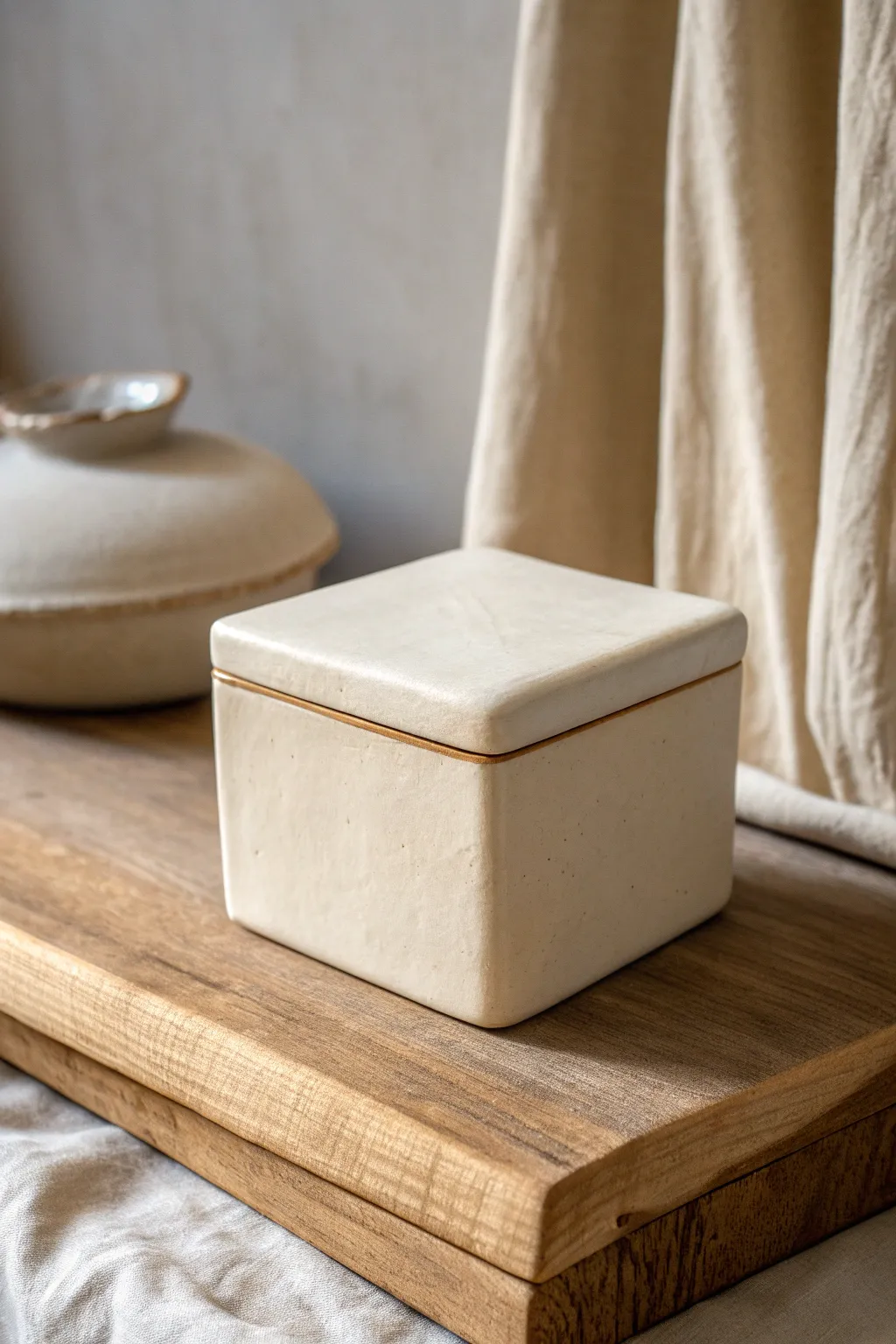Classic slab-built lidded box in calm neutral tones, clean lines, and soft natural light