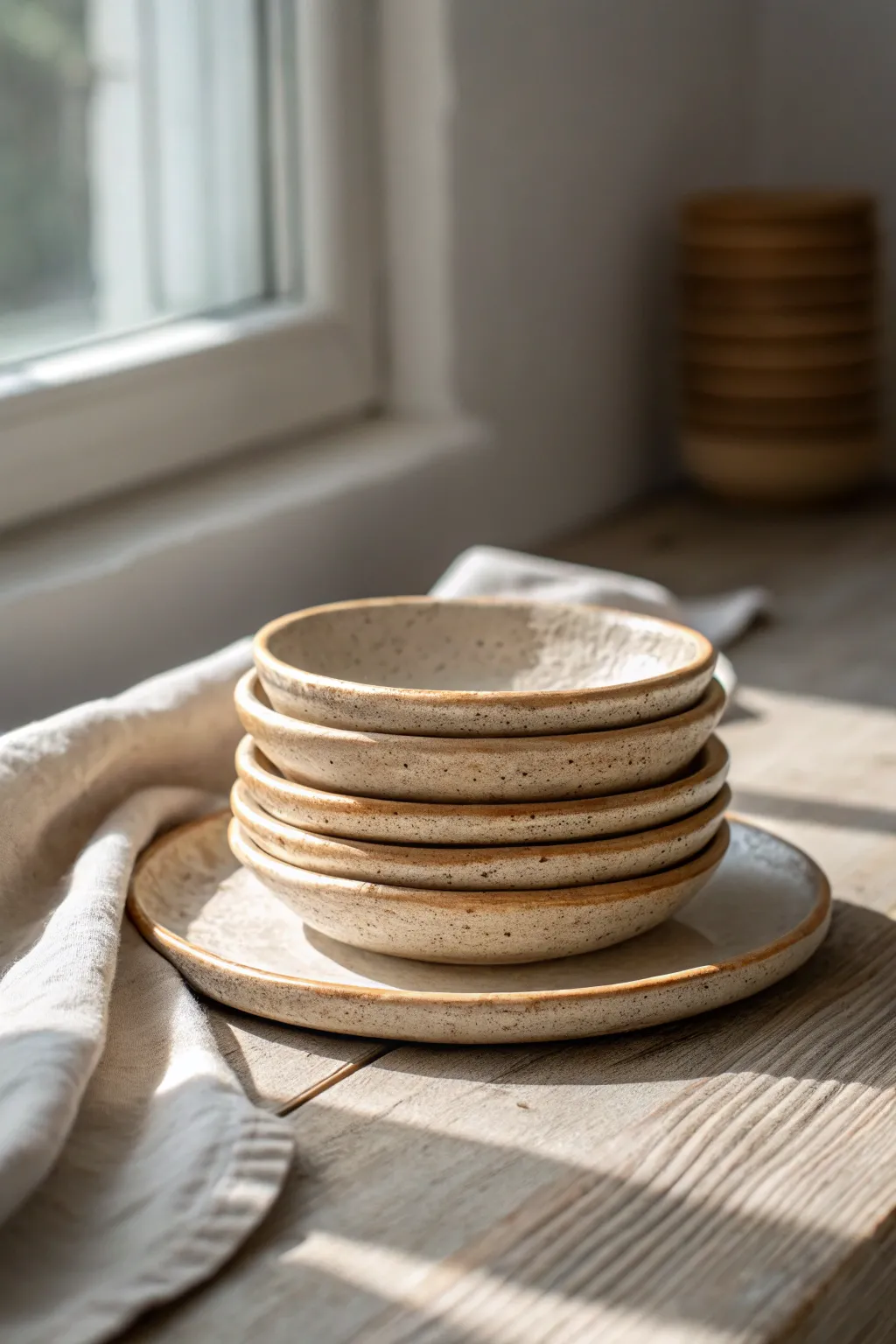 Classic slab plates with soft lifted rims, styled on linen for calm Scandinavian boho vibes