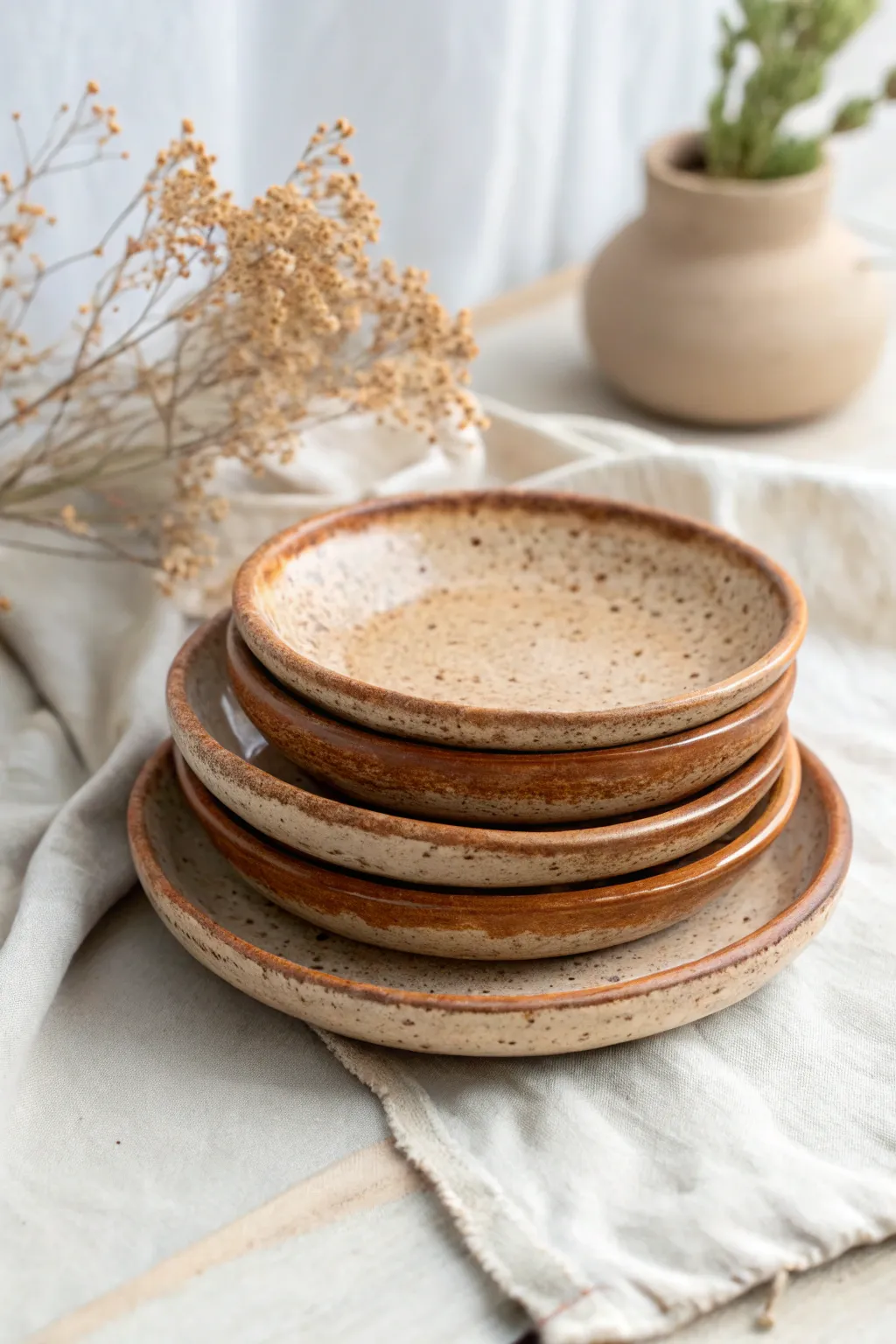 Organic slab plates with soft rims and speckled earthy glaze, simple and beautifully handmade.