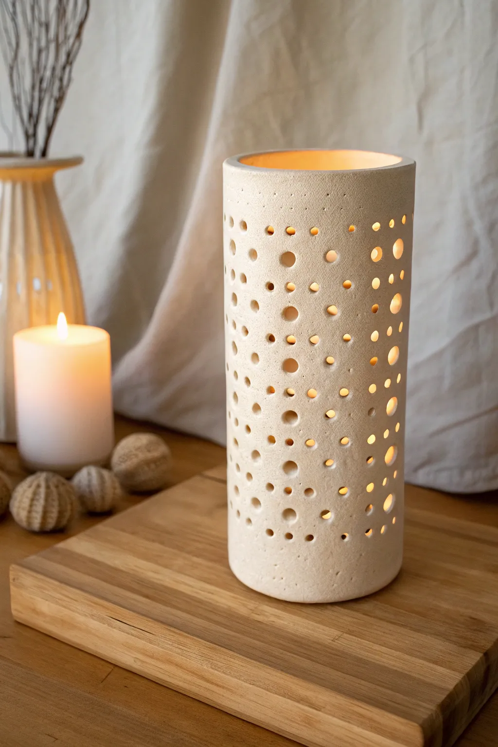 Classic pierced clay cylinder lantern glowing warmly, minimalist Scandinavian look with boho softness