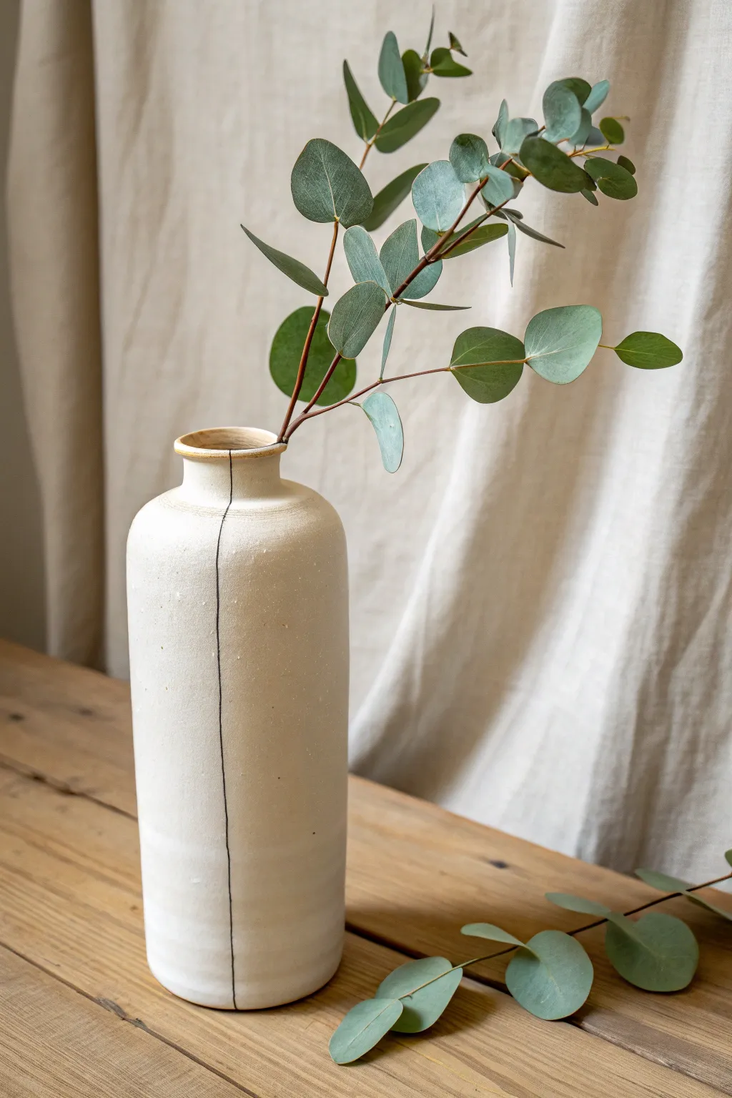 Classic wrapped cylinder slab vase with a single leafy stem, calm Scandinavian minimal styling