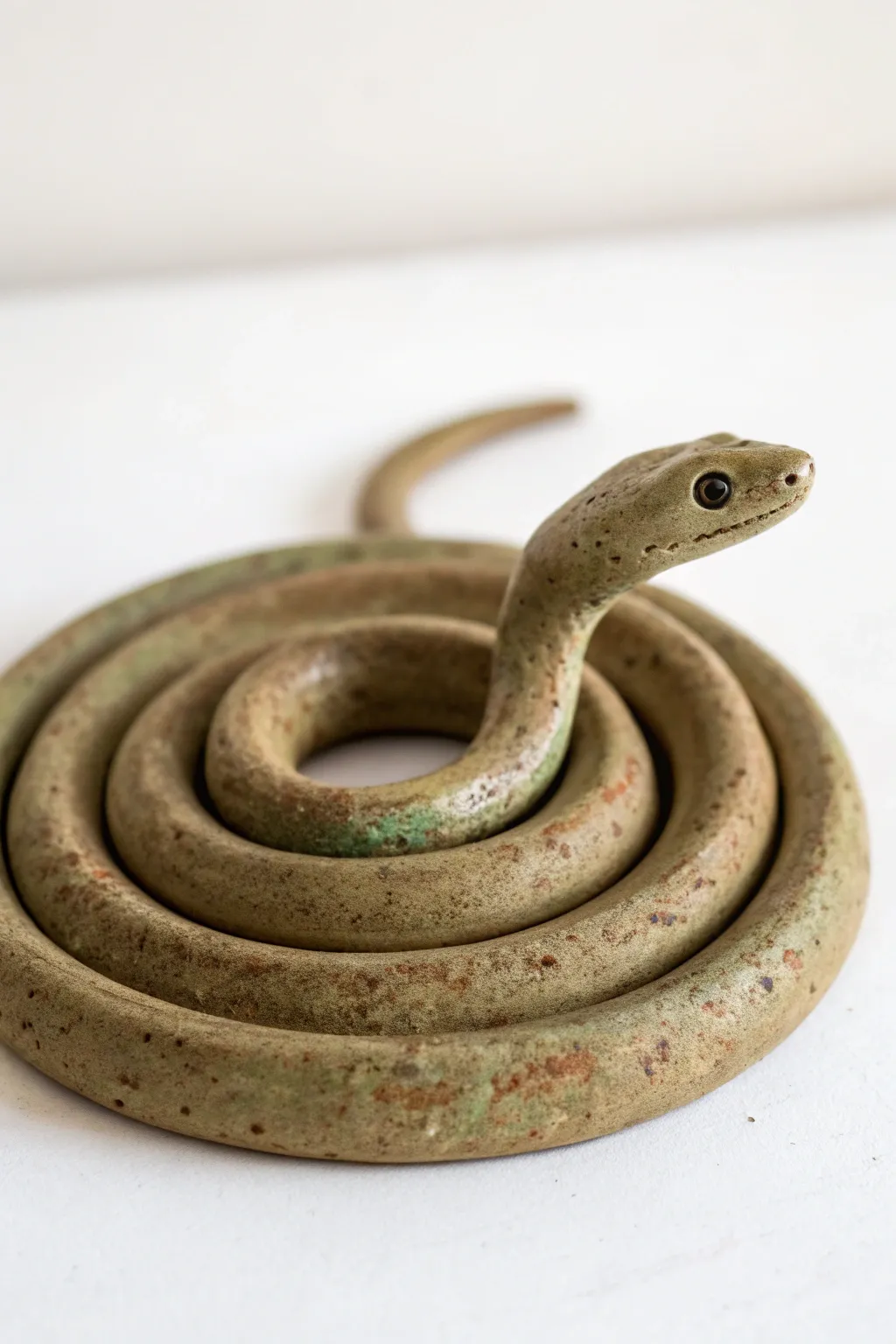 Earthy coiled clay garden snake with raised head, a simple Scandinavian boho pottery idea.