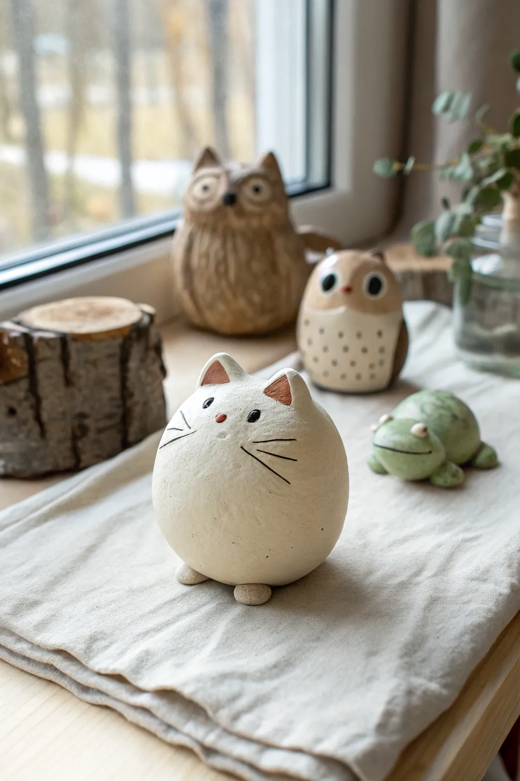 Chubby clay sphere animal trio in soft Nordic light, a sweet and simple figurine idea to try.