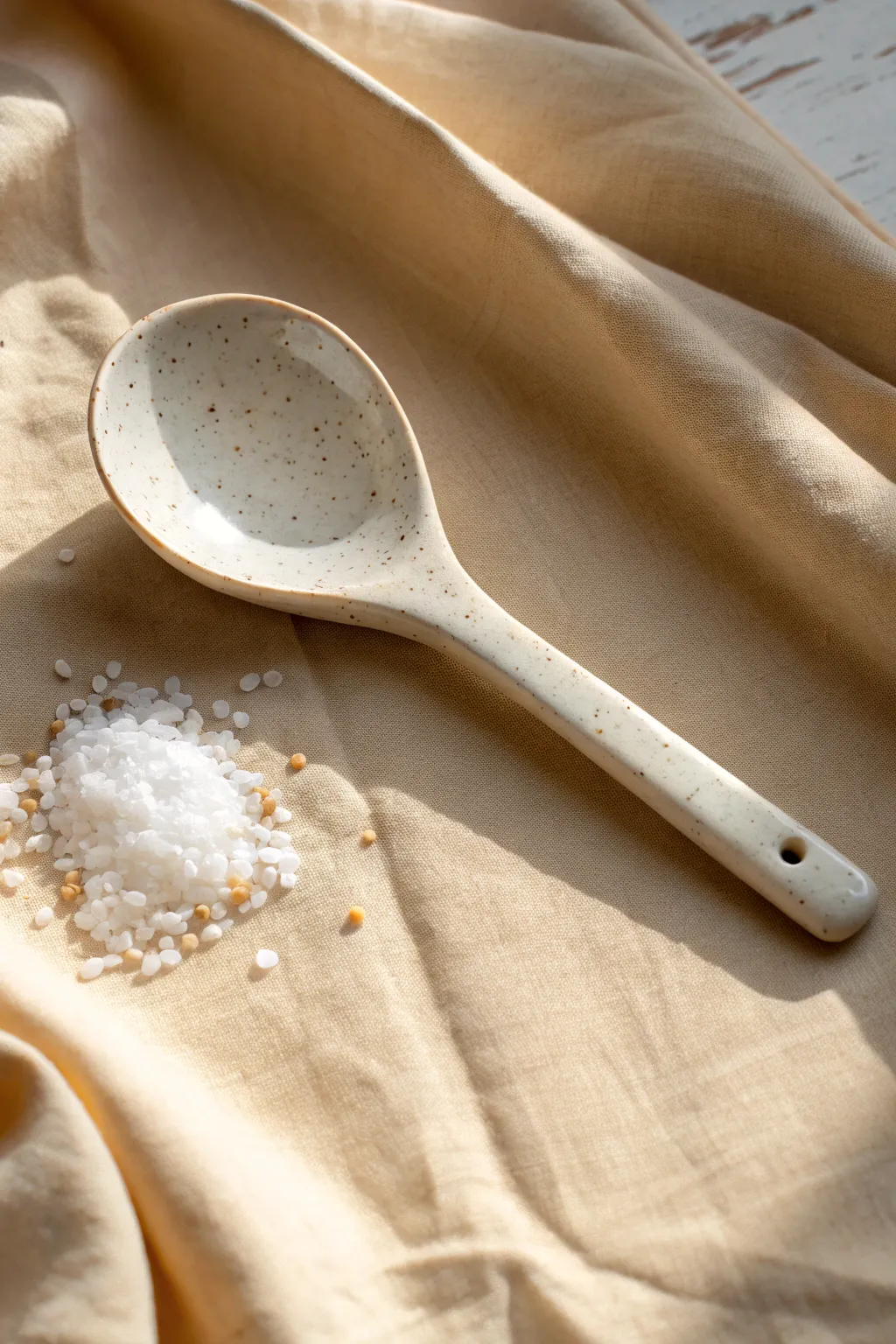 Classic slab-built ceramic spoon with clean lines, softly lit on cream linen with a hint of sea salt.