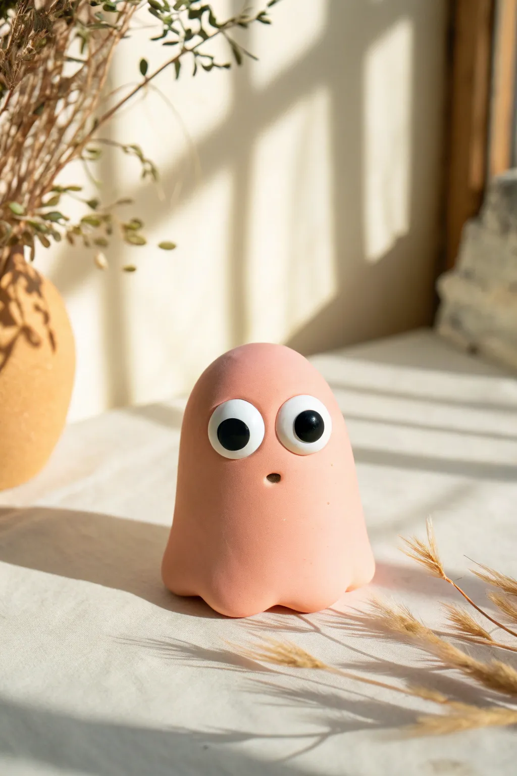 A squishy clay blob with big eyes, frozen mid-squash for a cute stop motion moment