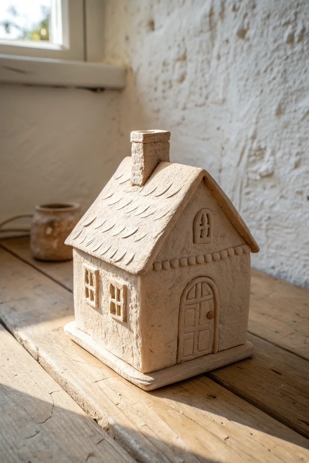 Slab-built mini clay cottage with pitched roof, door and chimney, simple rustic charm.