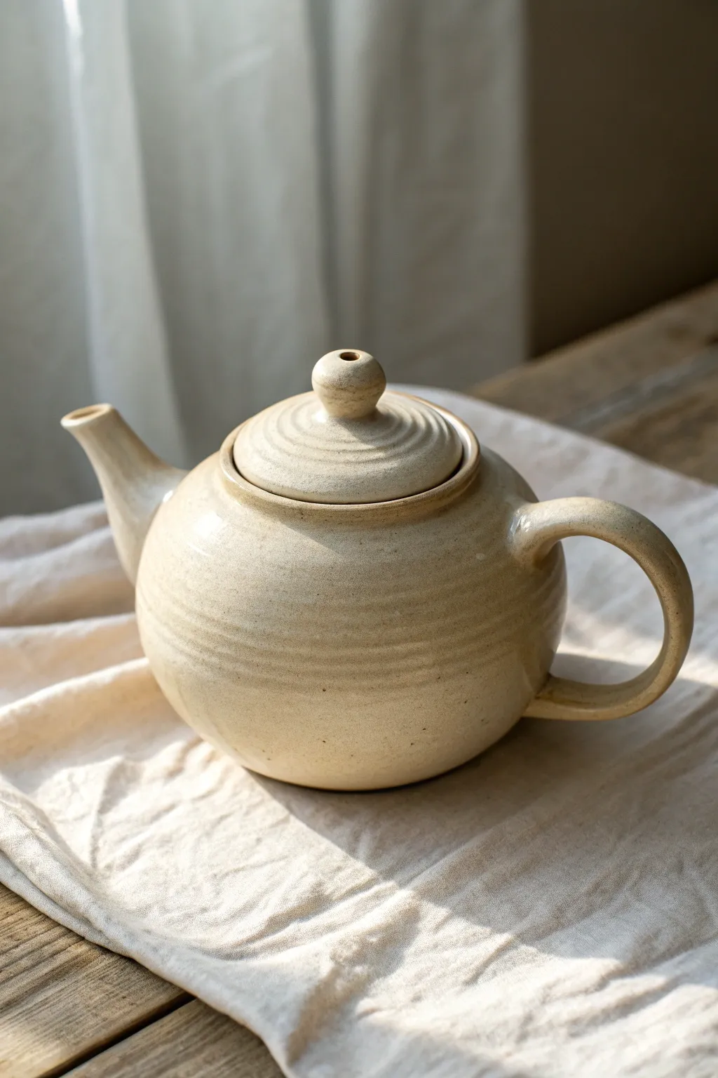 Classic round clay teapot with a pulled handle, minimal form and warm neutral tones.