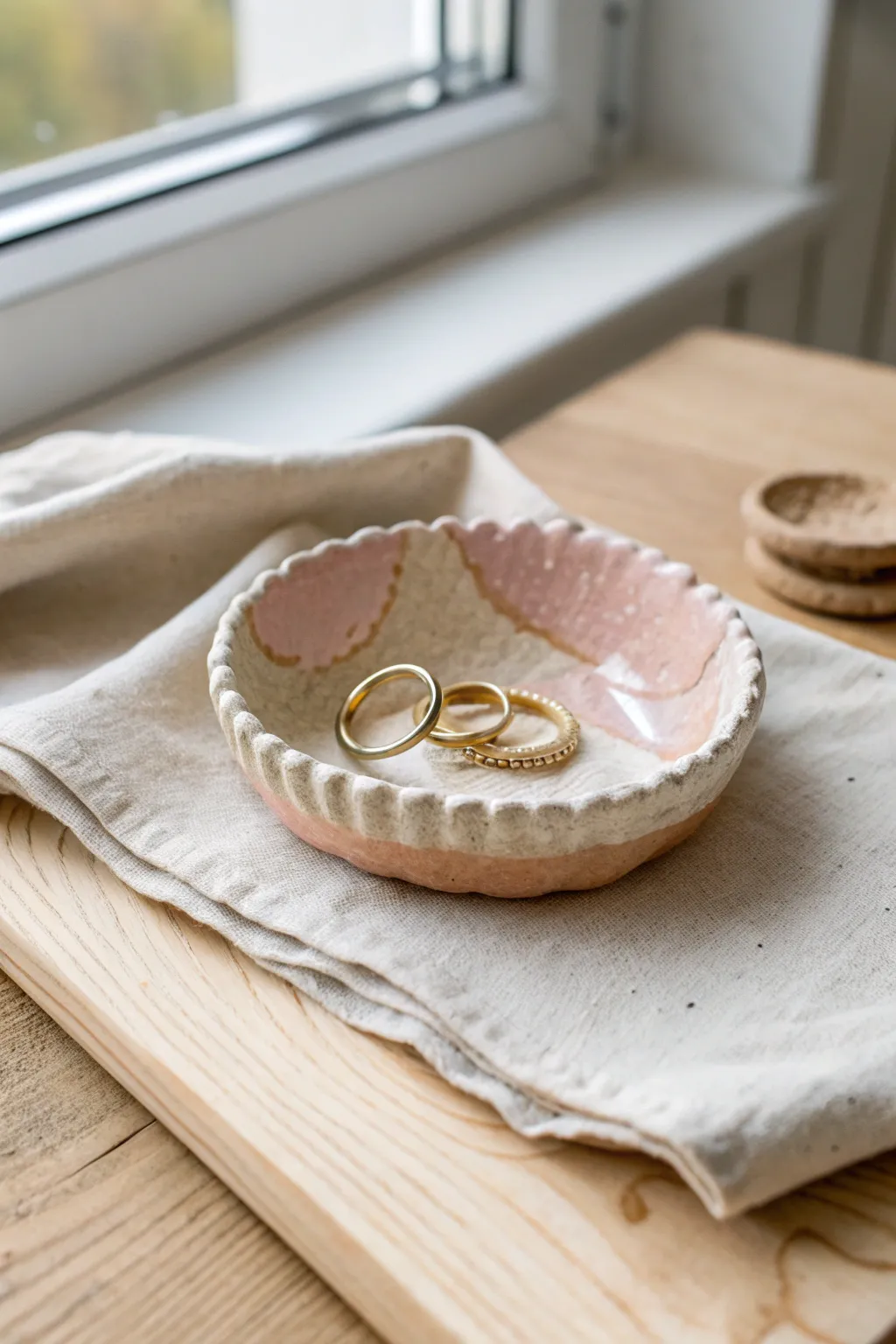 Easy clay trinket dish in soft pastels with simple rim details, styled with rings and pins.
