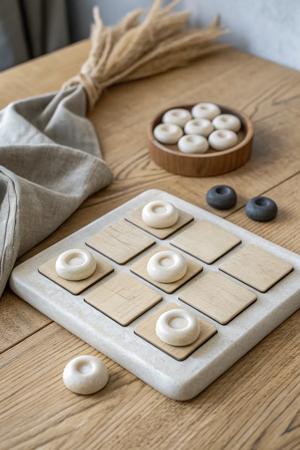 Classic raised-grid clay tic tac toe in ivory and charcoal, minimal, modern, and handmade