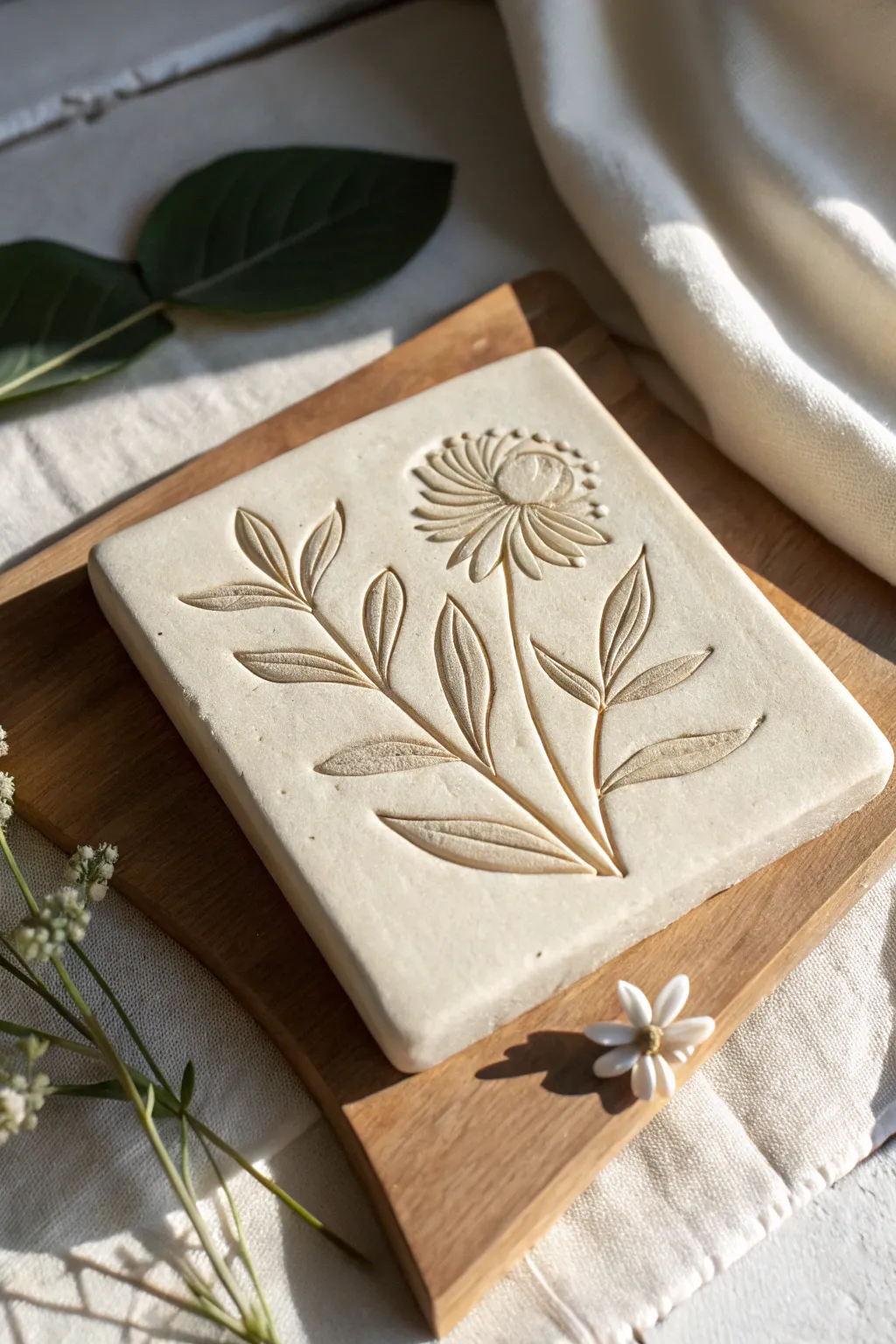 Botanical bas-relief clay tile with crisp shadows and a calm Scandinavian boho vibe
