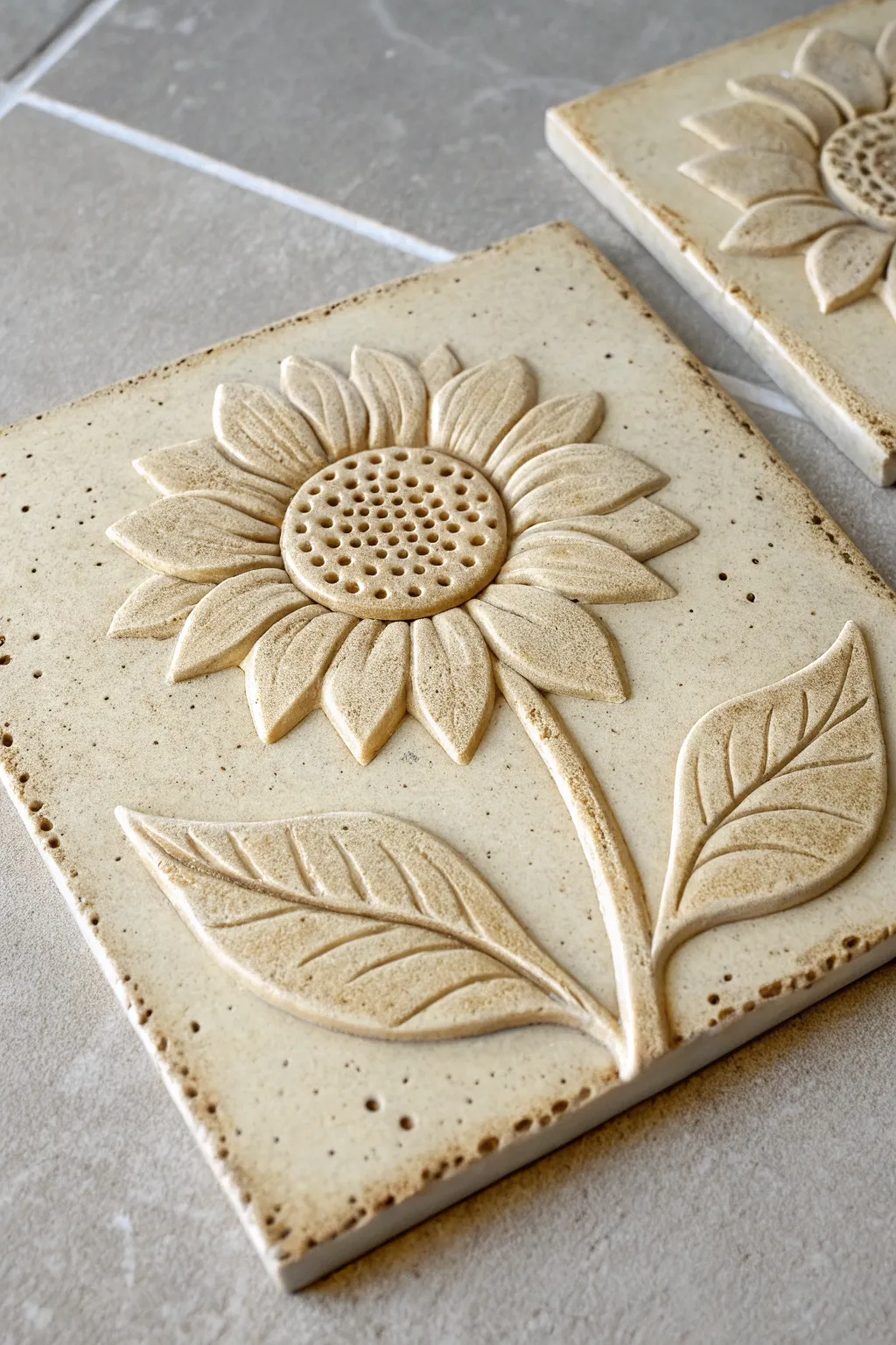 Classic sunflower relief tile: handmade texture and minimalist Scandinavian warmth.